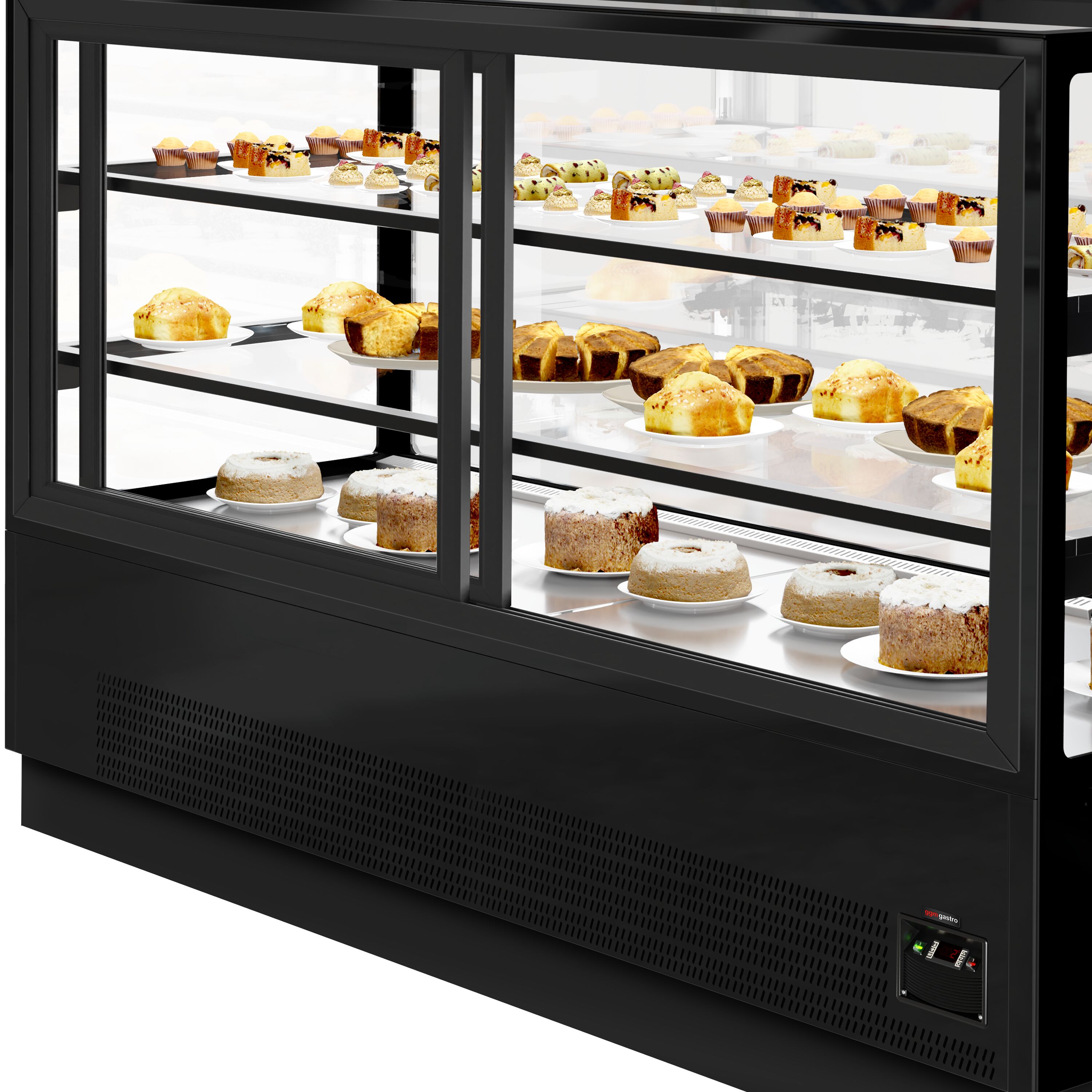 Vetrina pasticceria refrigerata - 782l - 2000mm - Doppio vetro - con 2 ripiani - LED interni; schienale a specchio; porte posteriori scorrevoli - Nero