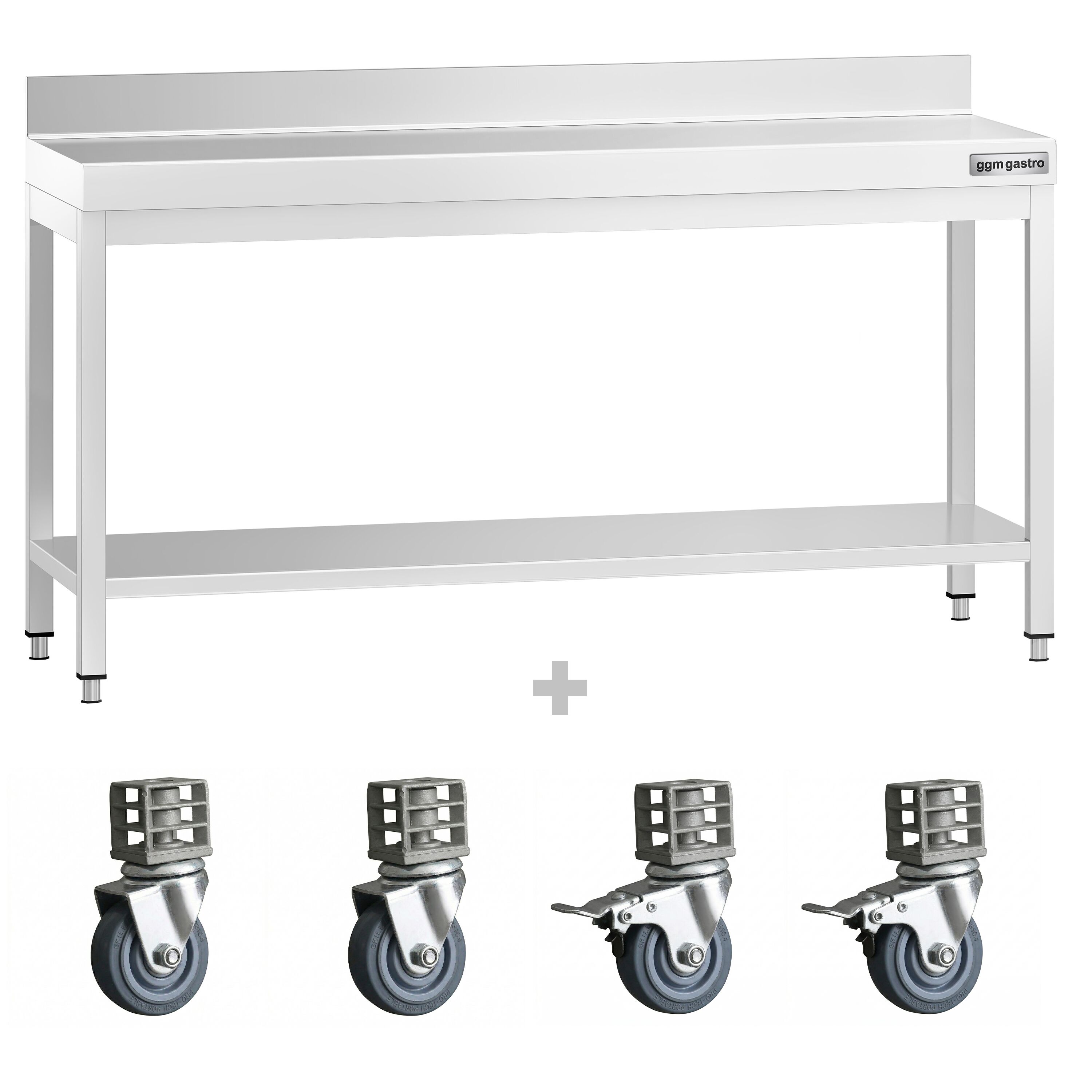 Table de travail en inox PREMIUM - 2000 x 600 mm - avec tablette inférieure, dosseret et roulettes