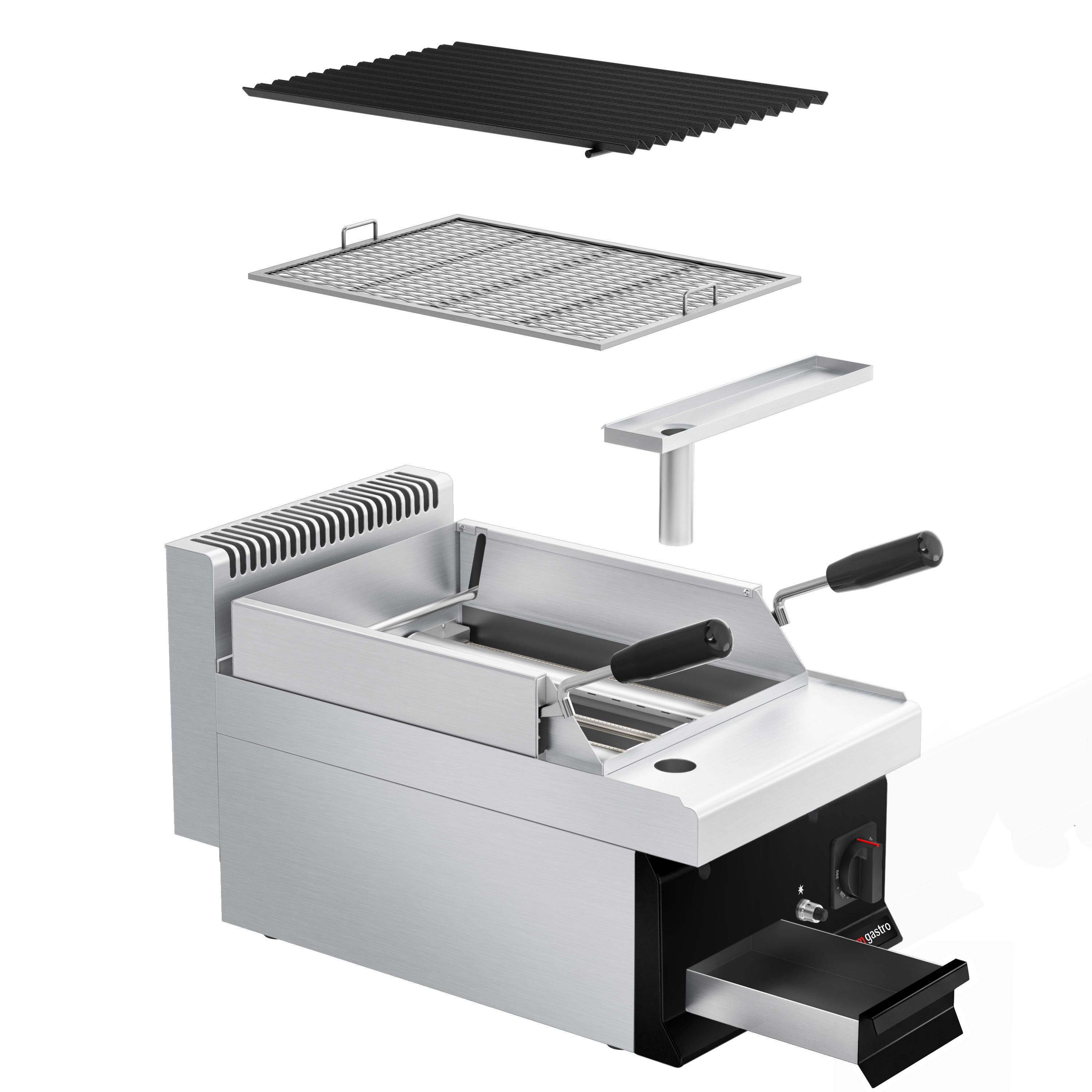 Commercial Gas Lava Rock Chargrill MARIO 700 - 400mm - Countertop - 700mm Deep - 1 Grill Grid - Tilting Grill Grid - Black-front Fascia