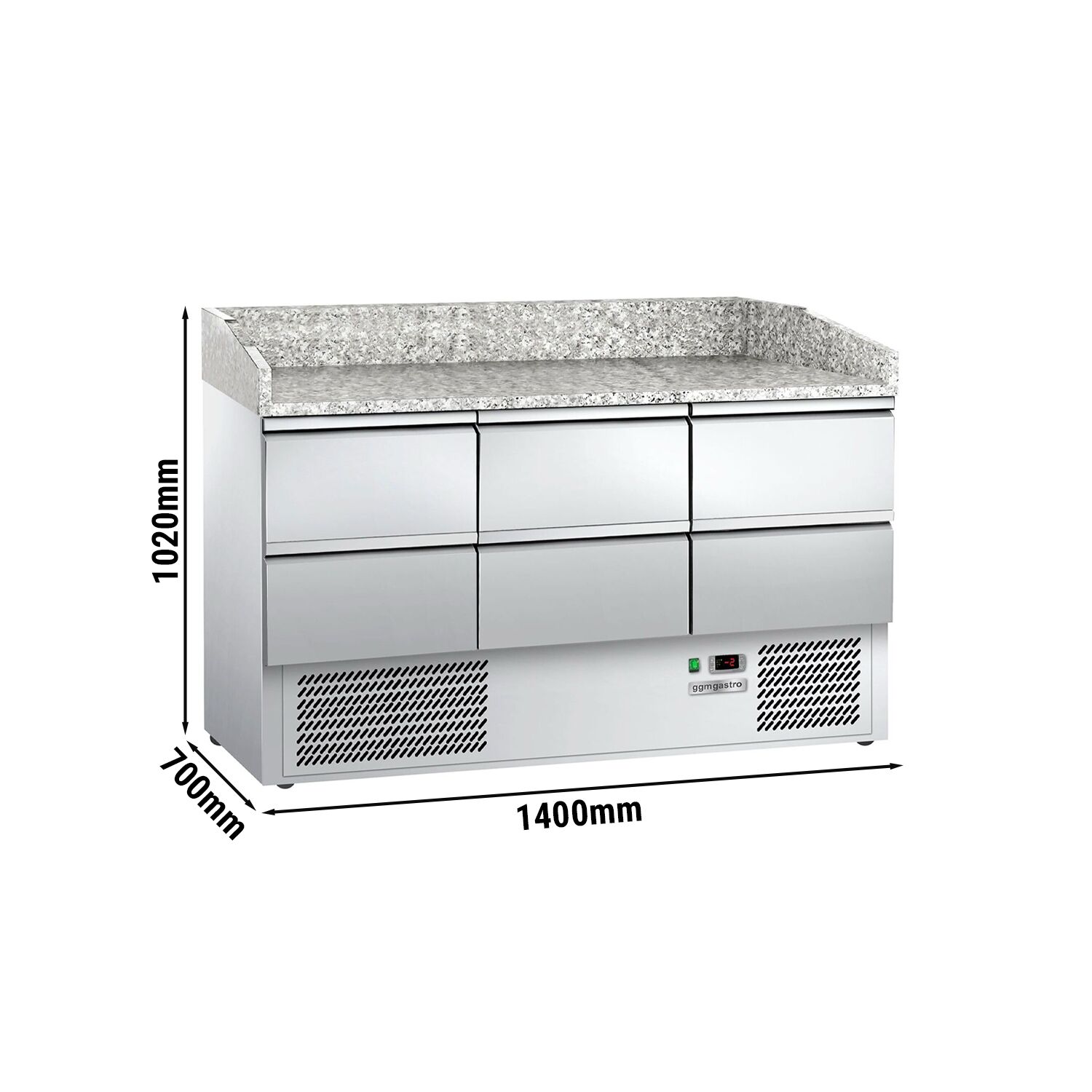 Commercial Pizza Prep Counter - Granite Top ECO - 1400x700mm - with 0 doors & 6 drawers