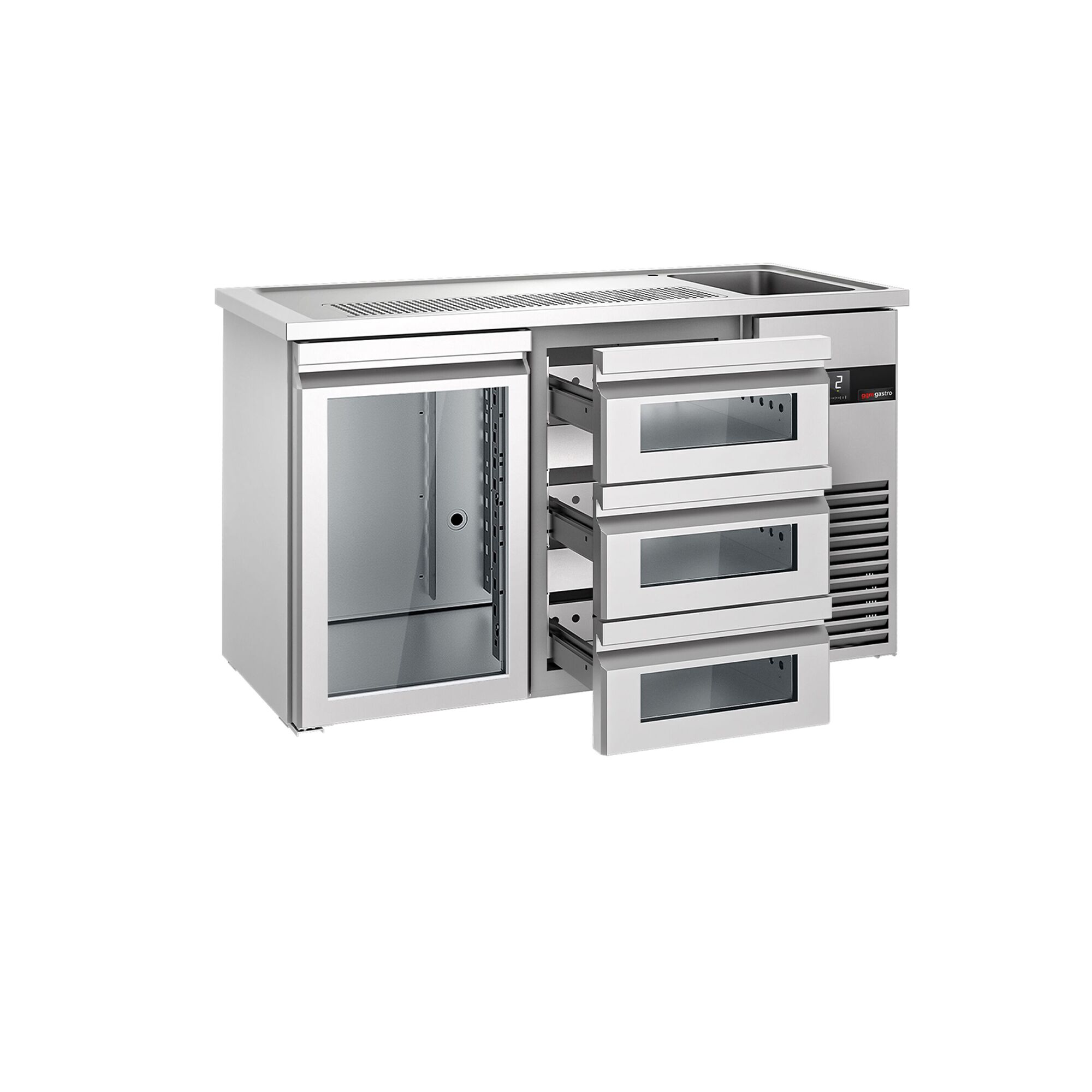 Comptoir de bar réfrigéré PREMIUM - 1550x700mm - 1 porte vitrée & 3 tiroirs en verre
