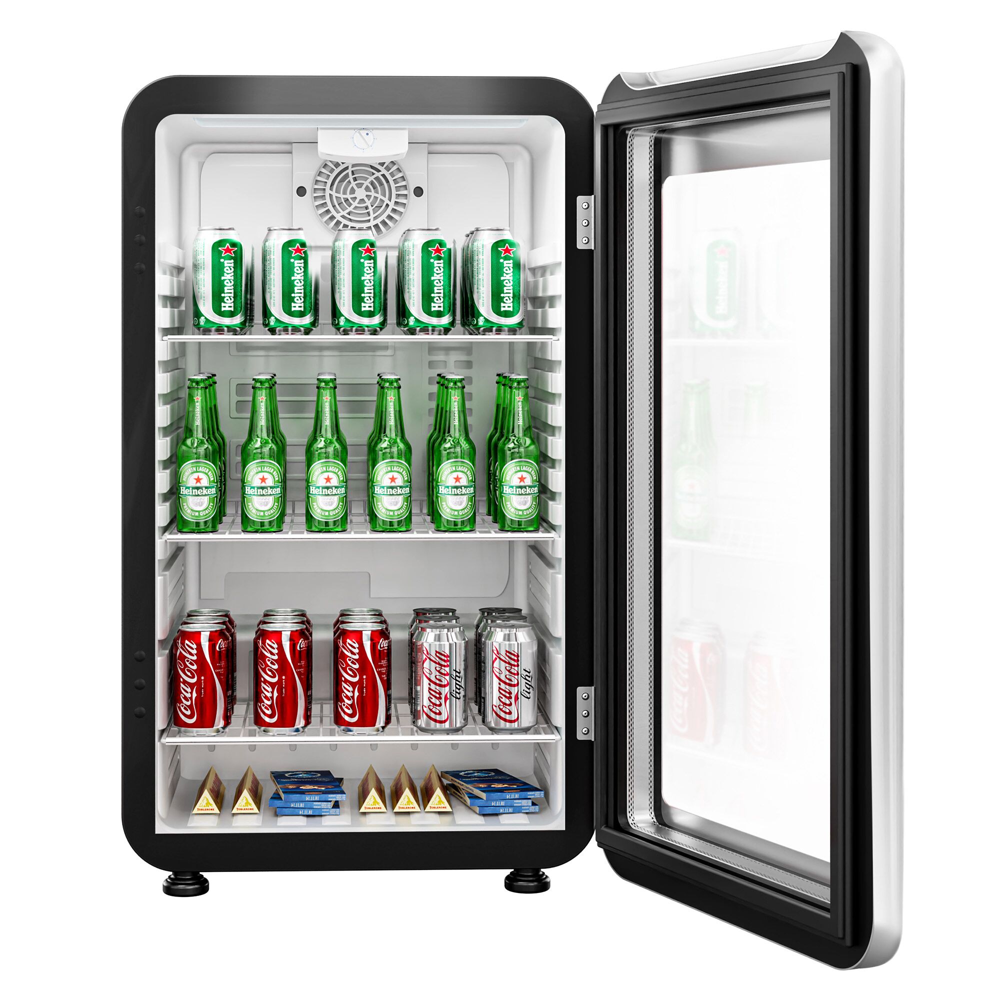 Commercial Mini Bar Refrigerator - 495mm - 113L - with 1 glass door & reversible hinges - Black/Silver - Double-glazed glass door