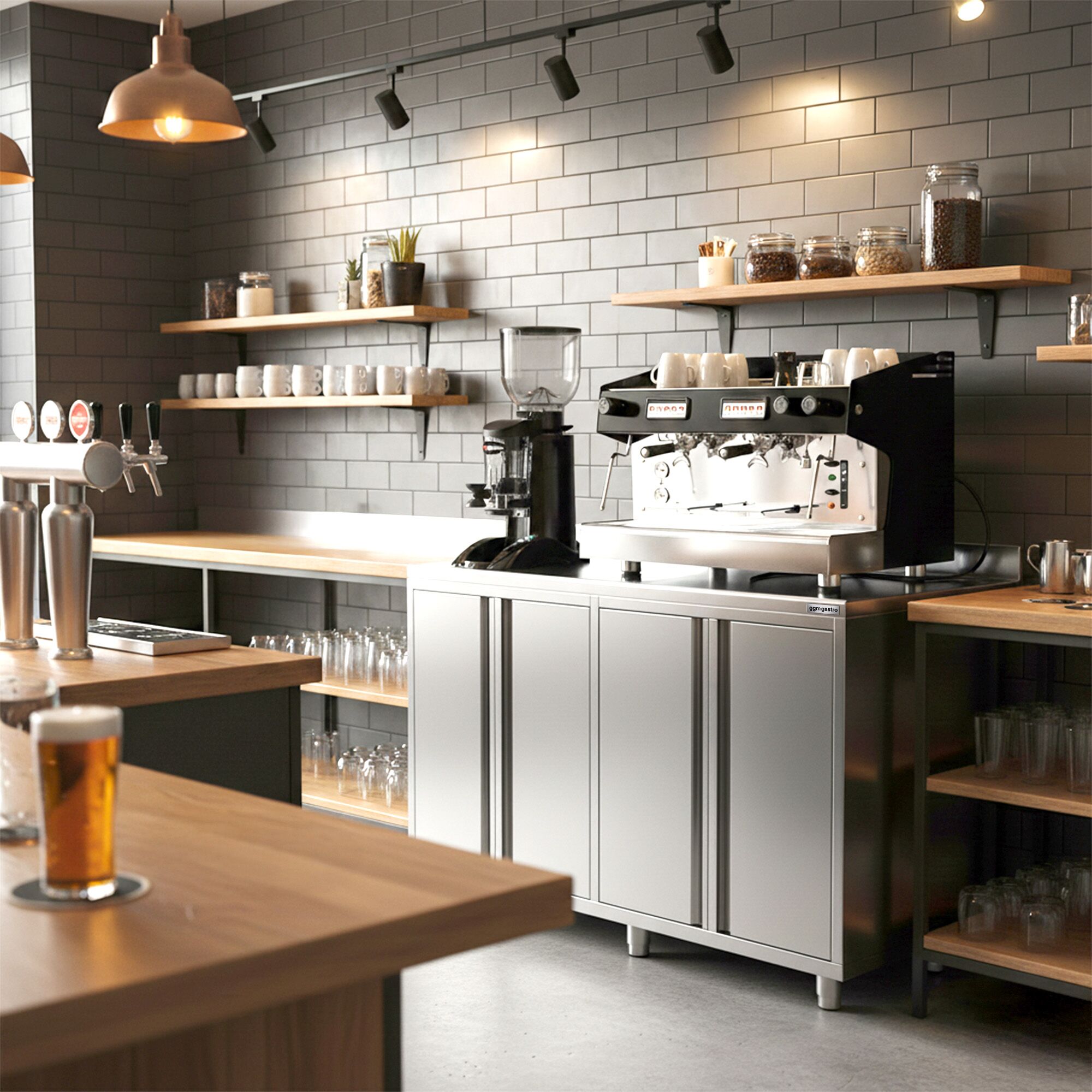 Armoire de travail pour machine à café filtre - 1400x600mm - avec dosseret - 4 portes battantes