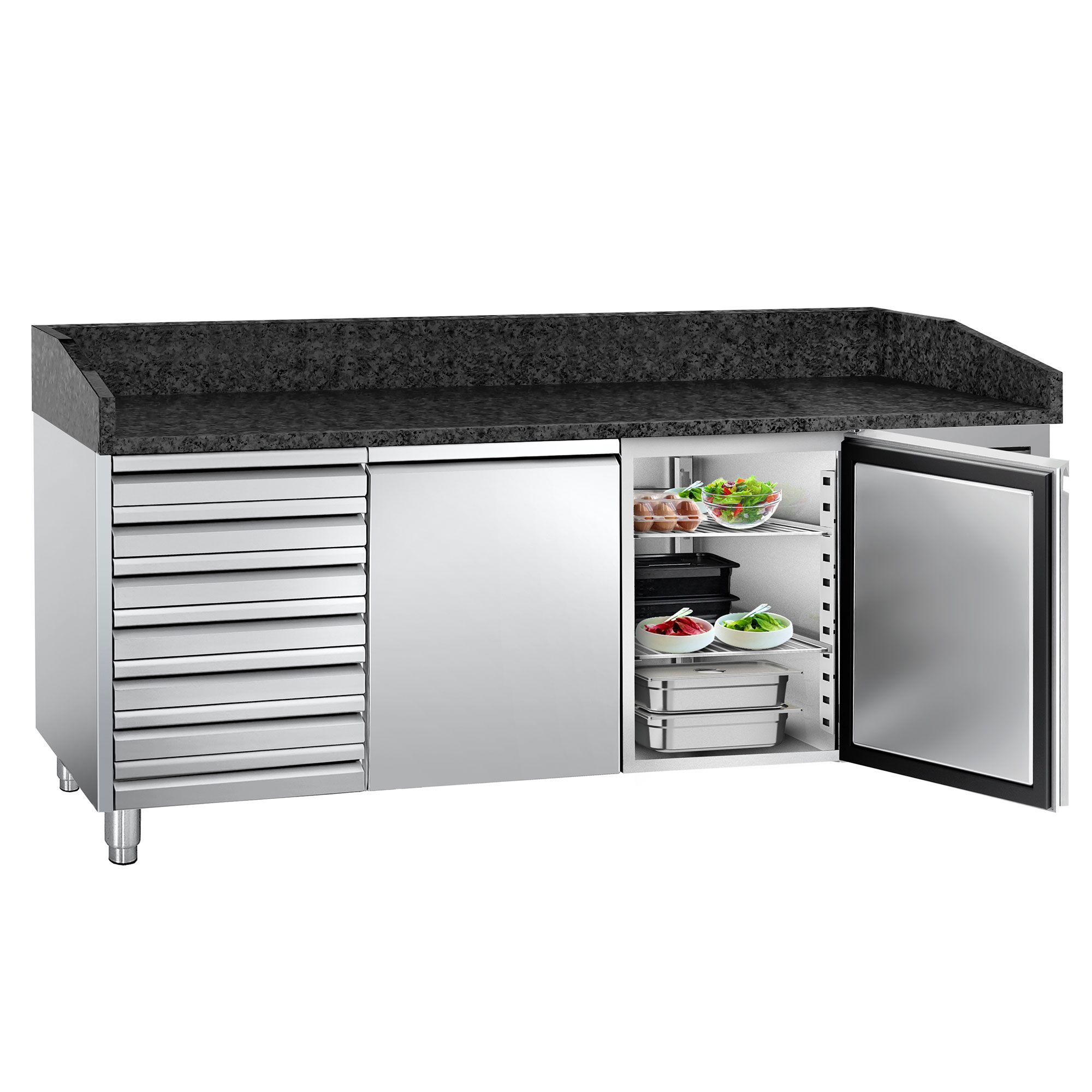 Pizzakylbänk PREMIUM - 2025x800 mm - granitskiva - med 2 dörrar & 7 lådor