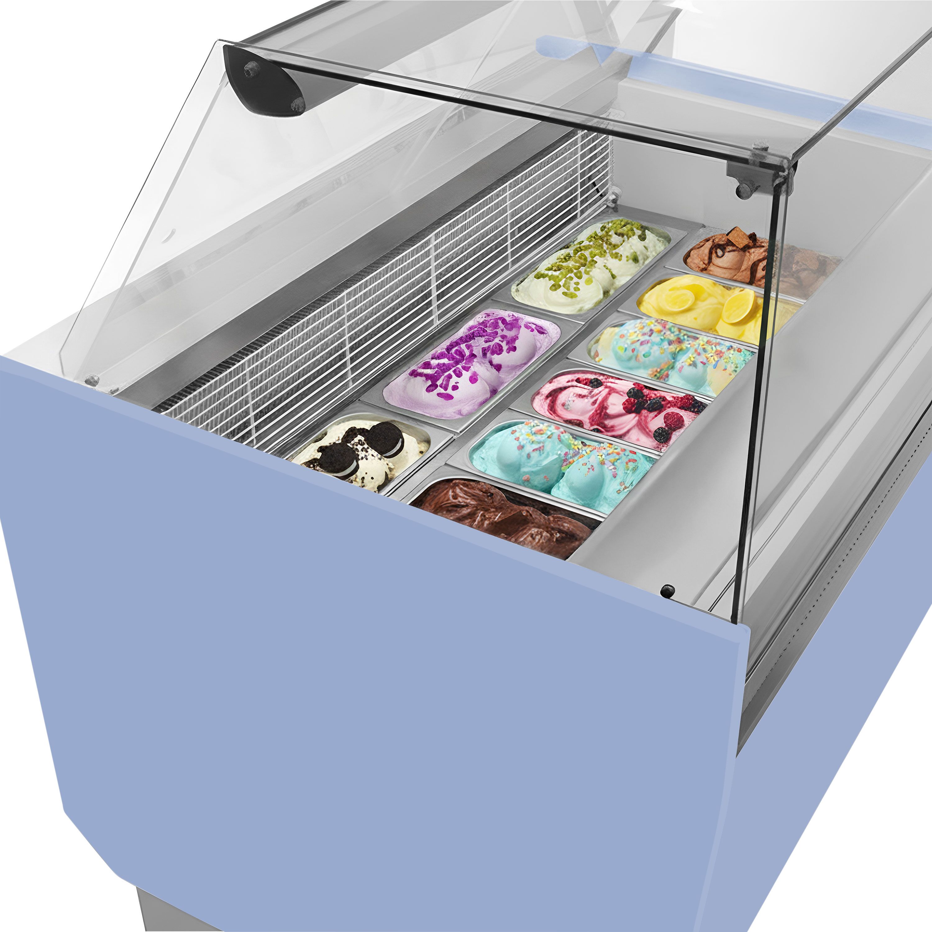 Vitrine à glace LIAM – 1310 mm – refroidissement statique – pour 10+10 bacs à glace de 5 litres – Bleu clair