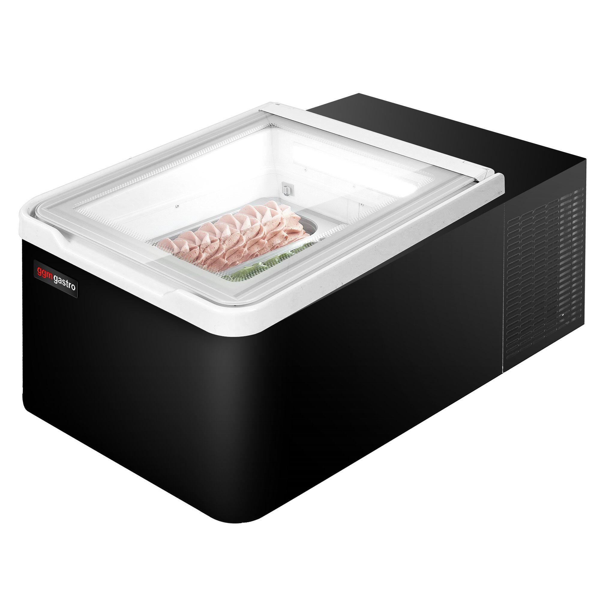 Vitrine à glaces à poser - 465mm - Froid statique - Couvercle vitré basculant - Noir - pour 2 bacs de 5 L - Côté client