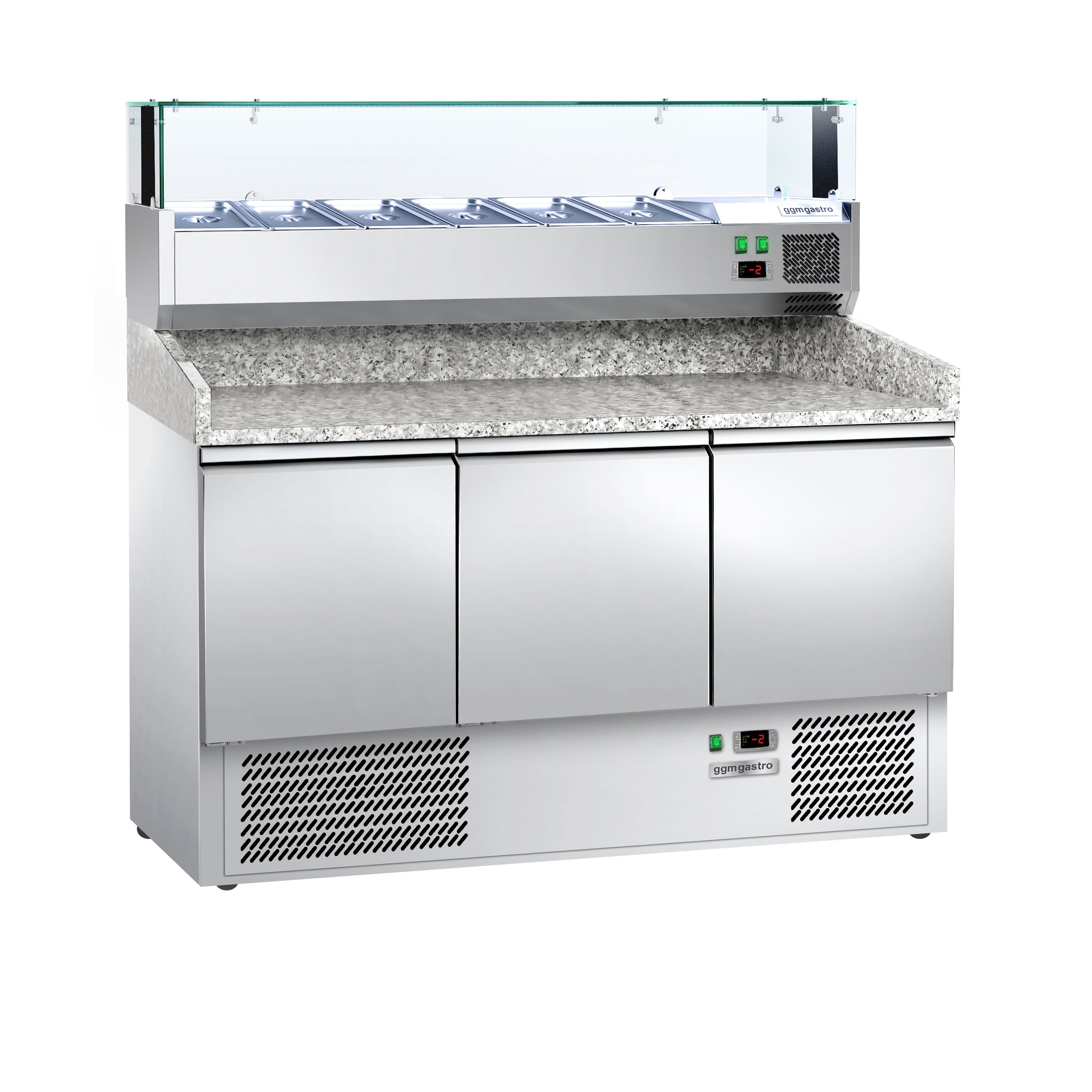Table réfrigérée à pizza ECO - 1400 x 700 mm - avec 3 portes - incl. vitrine réfrigérée - 6 x GN 1/4