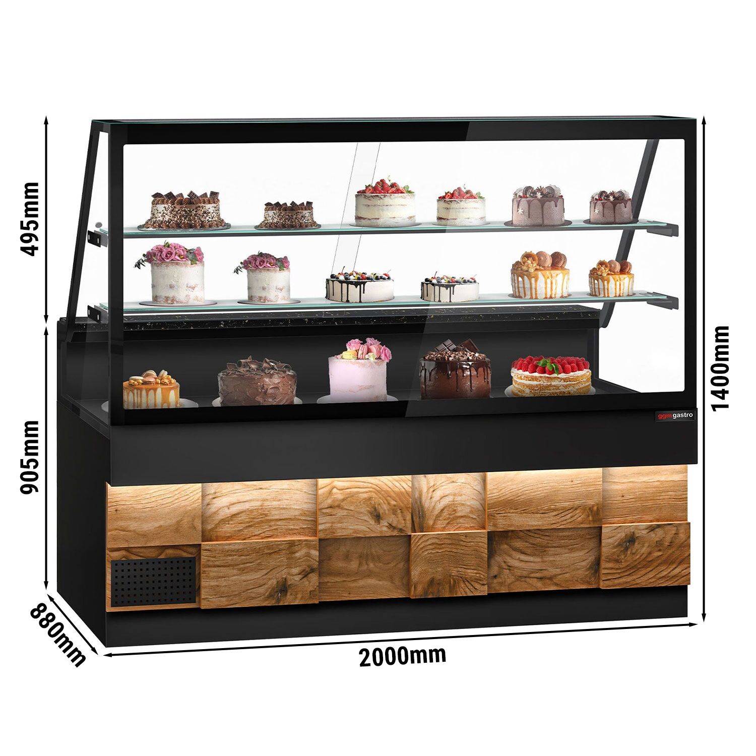 Comptoir réfrigéré TORONTO – 2000 mm – double vitrage – façade en bois – 2 étagères – plan de travail en granit Noir
