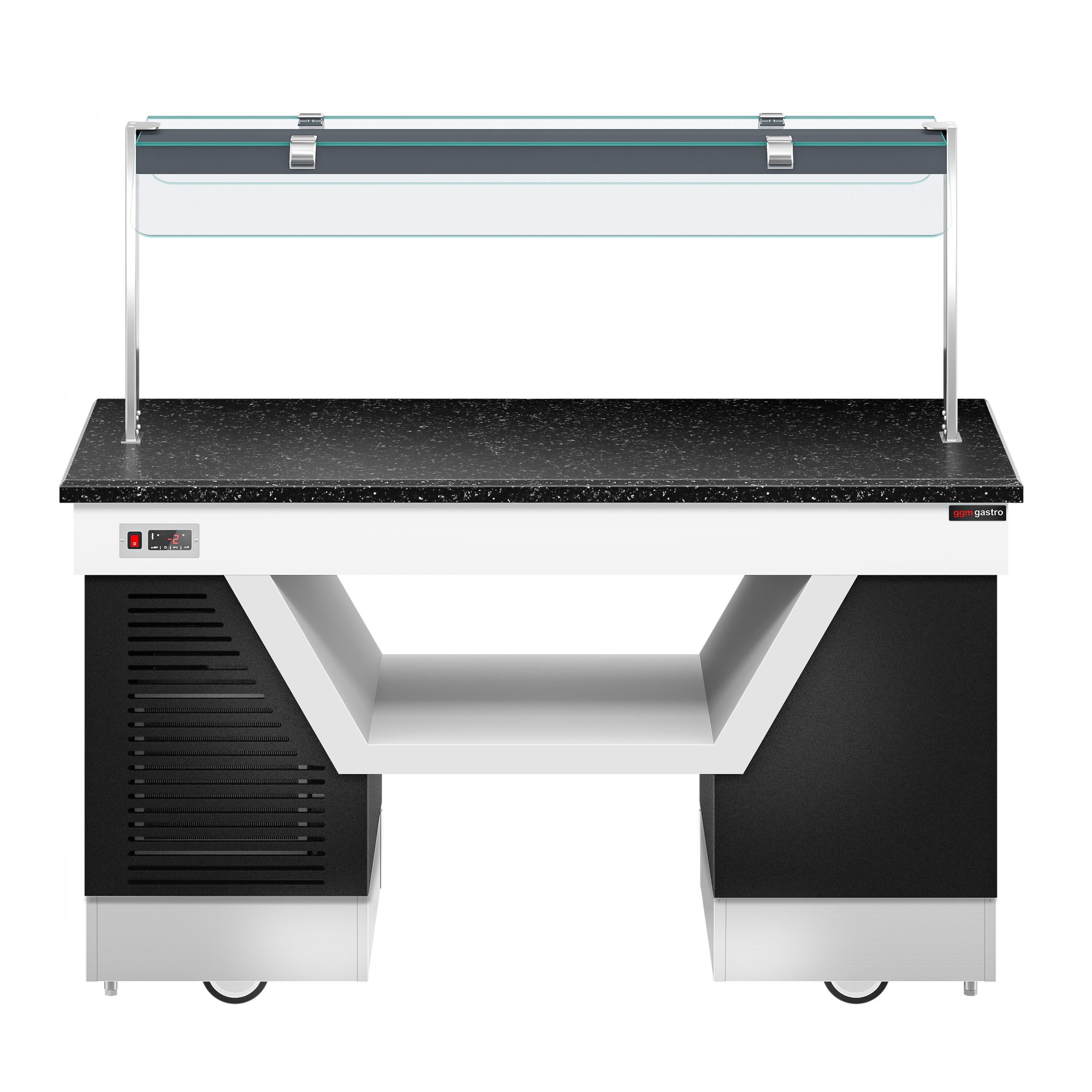 Refrigerated Buffet Display BELFAST - 1600mm - with Refrigerated Frost Top + Flat Glass Sneeze Guard - on Castors - Black