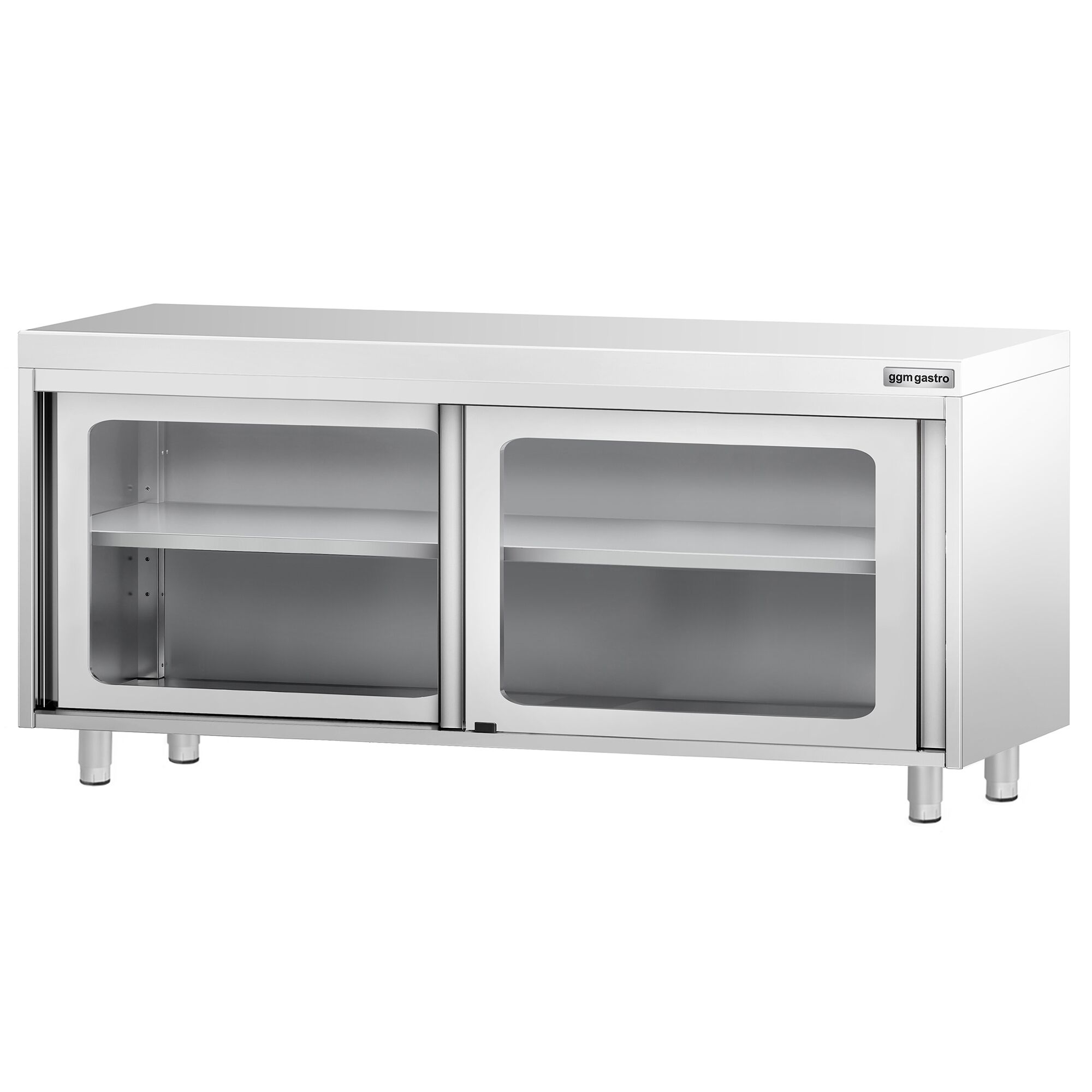 Table armoire en acier inoxydable PREMIUM - 1800x600mm - avec portes coulissantes vitrées et étagère basse