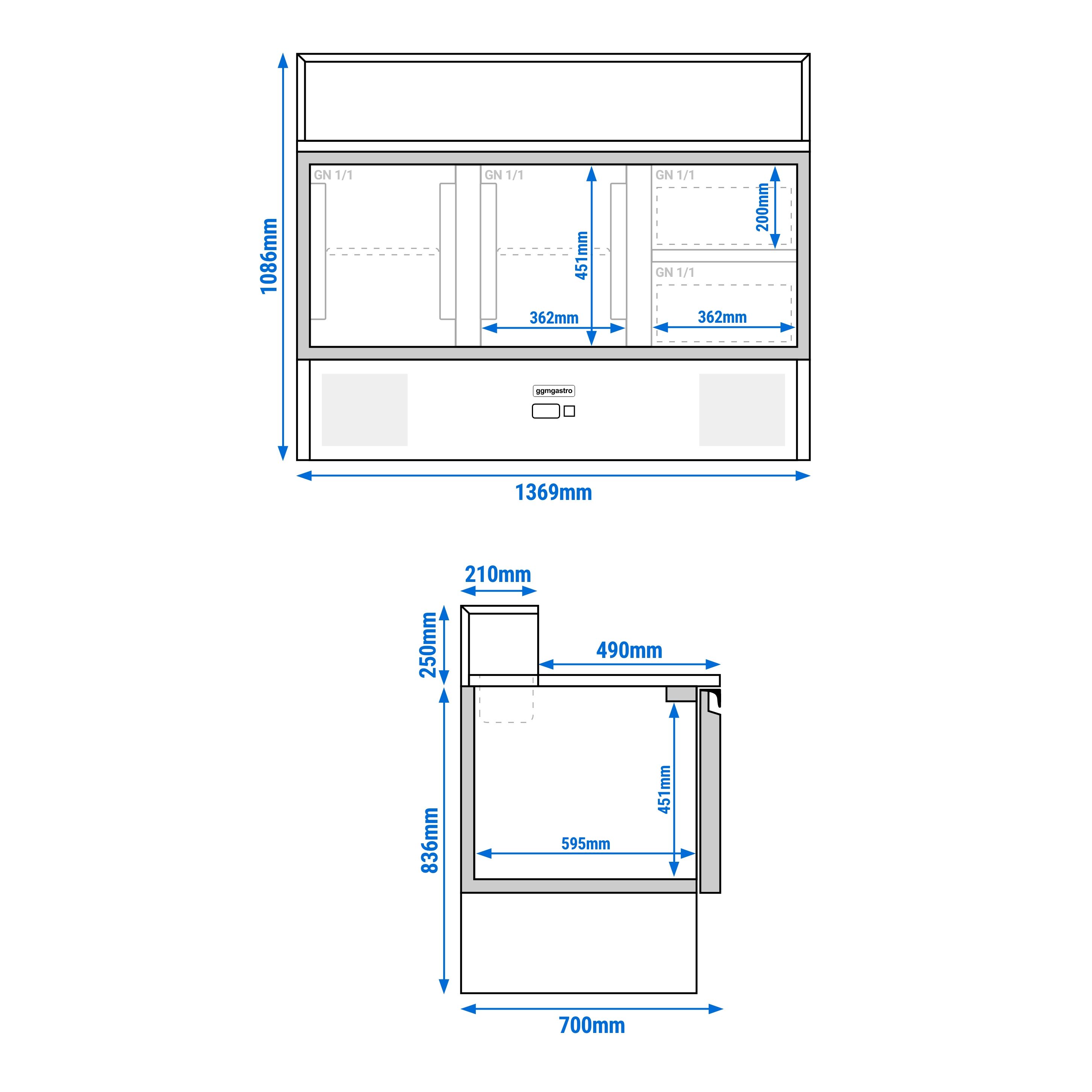 Saladette réfrigérée PREMIUM - 1368mm - 402L - 2 portes & 2 tiroirs - avec découpe pour 8x GN 1/6 & Couvercle inox - plan de travail en granit noir