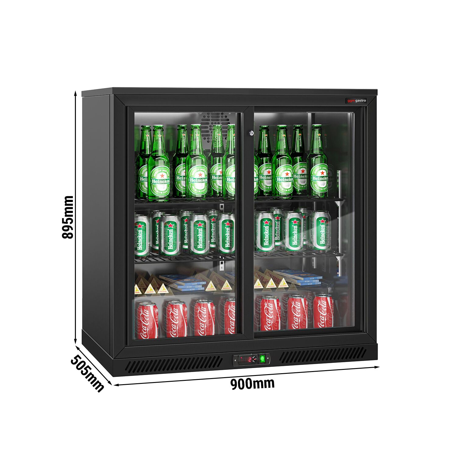 Réfrigérateur de bar – 900 mm – 220 litres – avec 2 portes coulissantes en verre – Extérieur & intérieur Noir