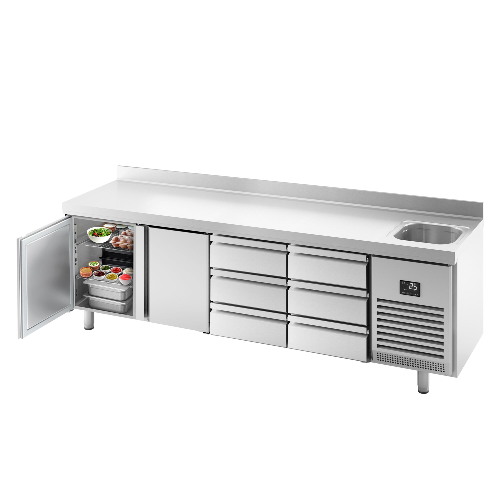 Table réfrigérée Premium PLUS - 2452 x 700 mm - avec 1 bac, 2 portes, 6 tiroirs - dosseret