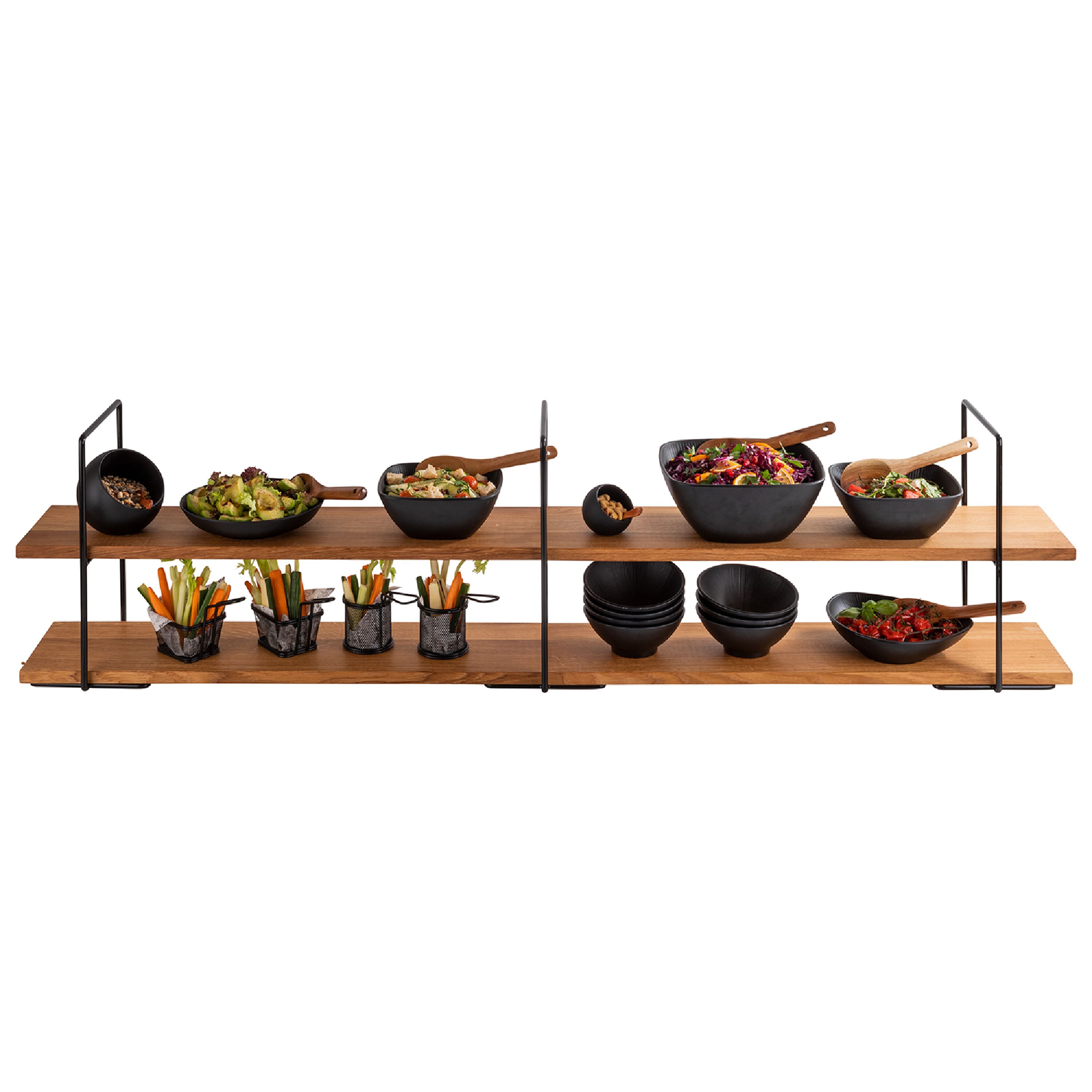 Présentoir buffet - 2 niveaux - PERFECTO LARGE - Rectangulaire - Structure en métal - Plateaux en chêne/bois