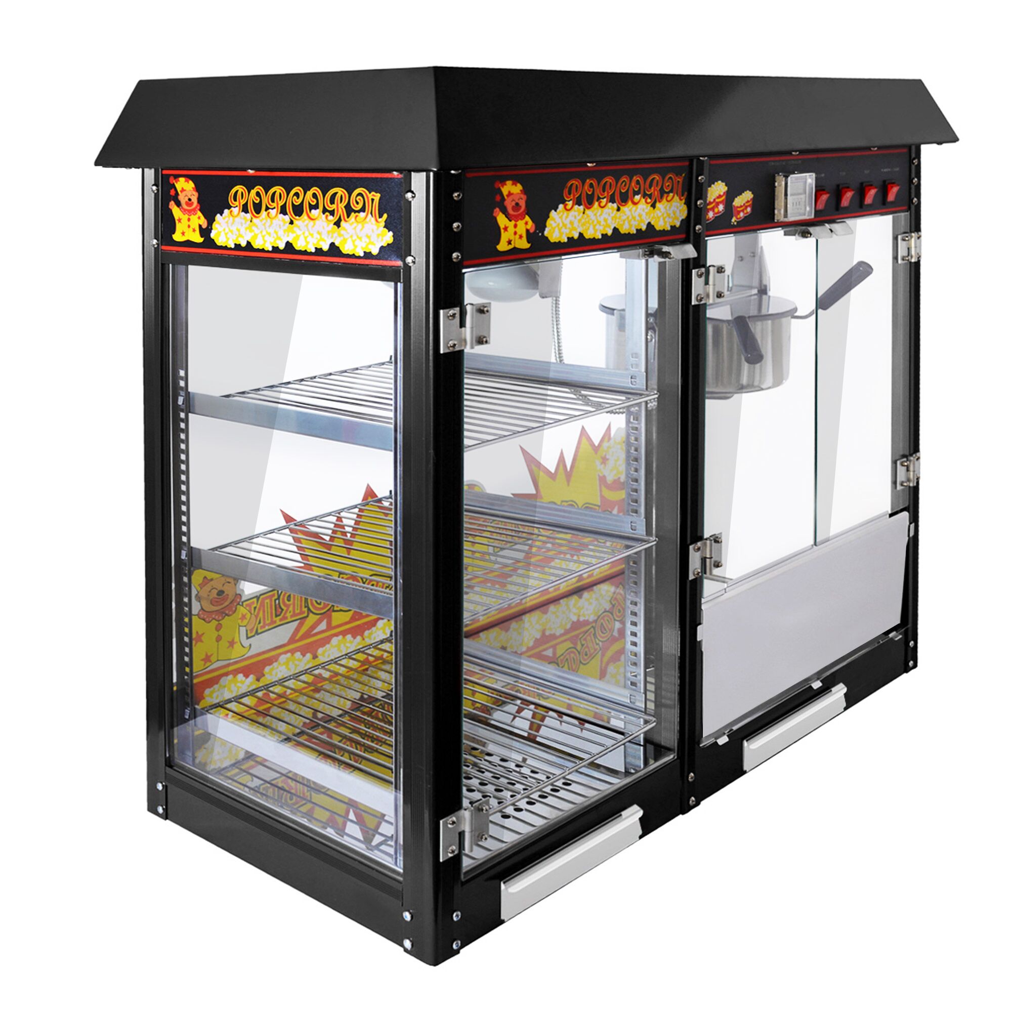 Machine à pop-corn professionnelle - 1,70kW - 5kg/h - avec 1 marmite(s) + 3 étagères chauffantes - Noir