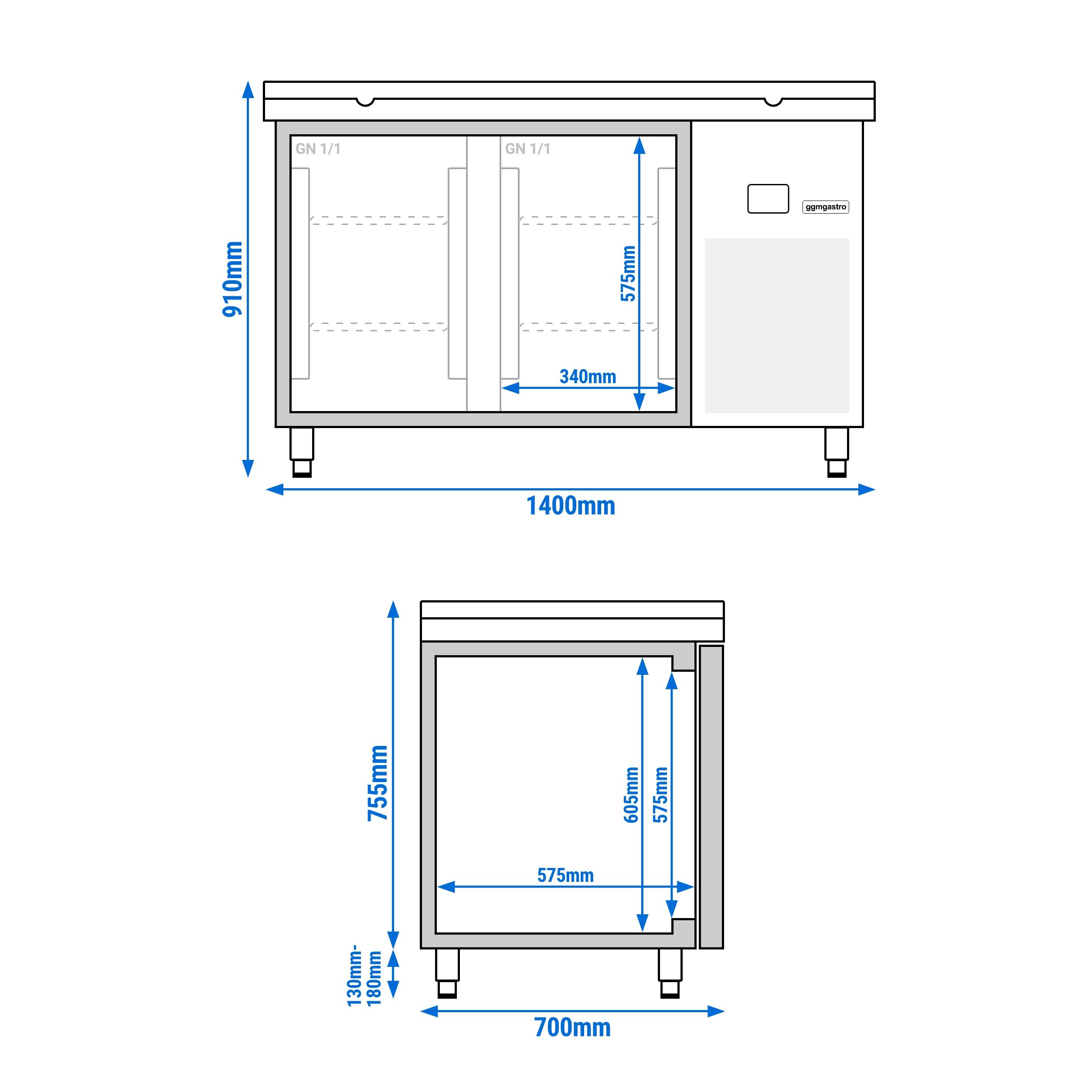 Table réfrigérée PREMIUM - 1400x700 mm - avec 2 portes - incl. planche à découper blanche