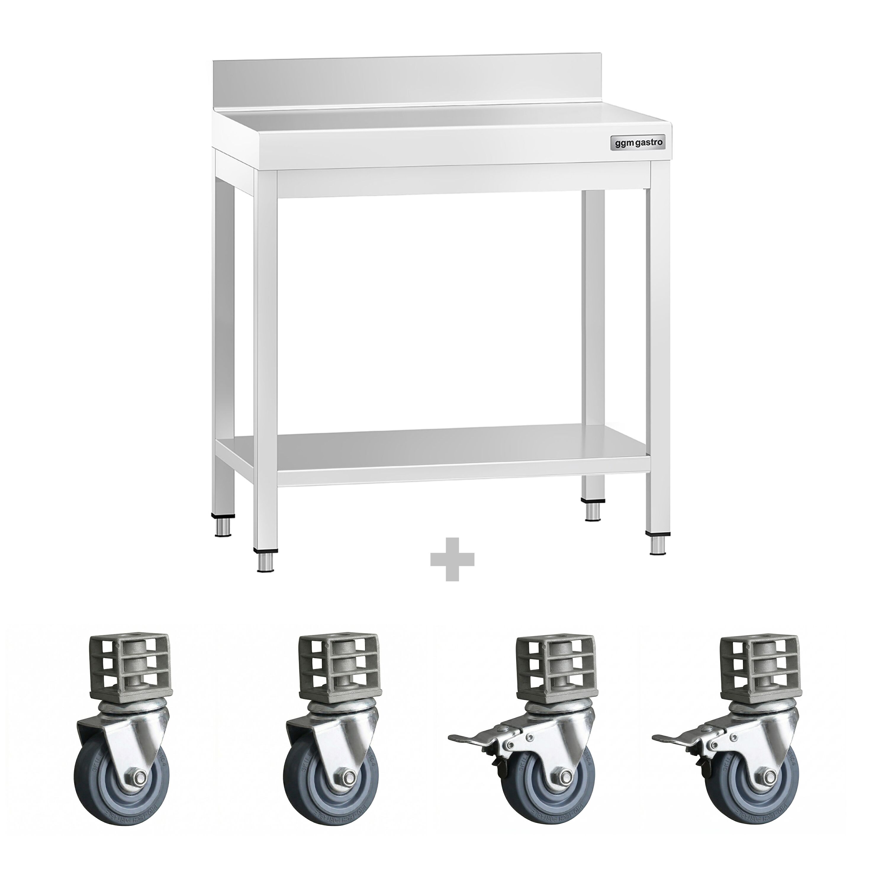 Table de travail en inox PREMIUM - 600 x 600 mm - avec tablette inférieure, dosseret et roulettes