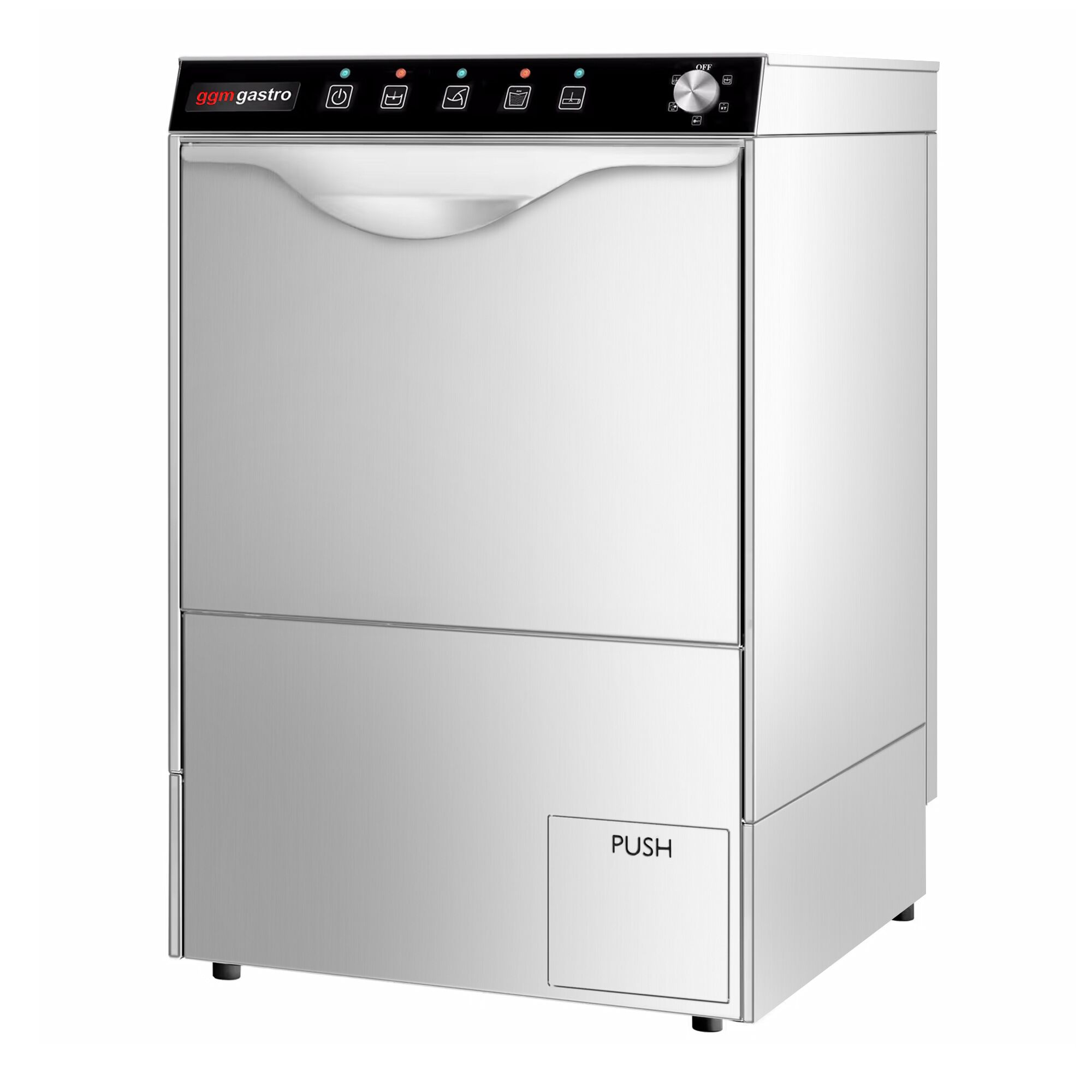 Lave-vaisselle professionnel - Panier 50x50cm - Commandes mécaniques - 3,55kW - avec pompe de vidange + pompes doseuses détergent et liquide de rinçage