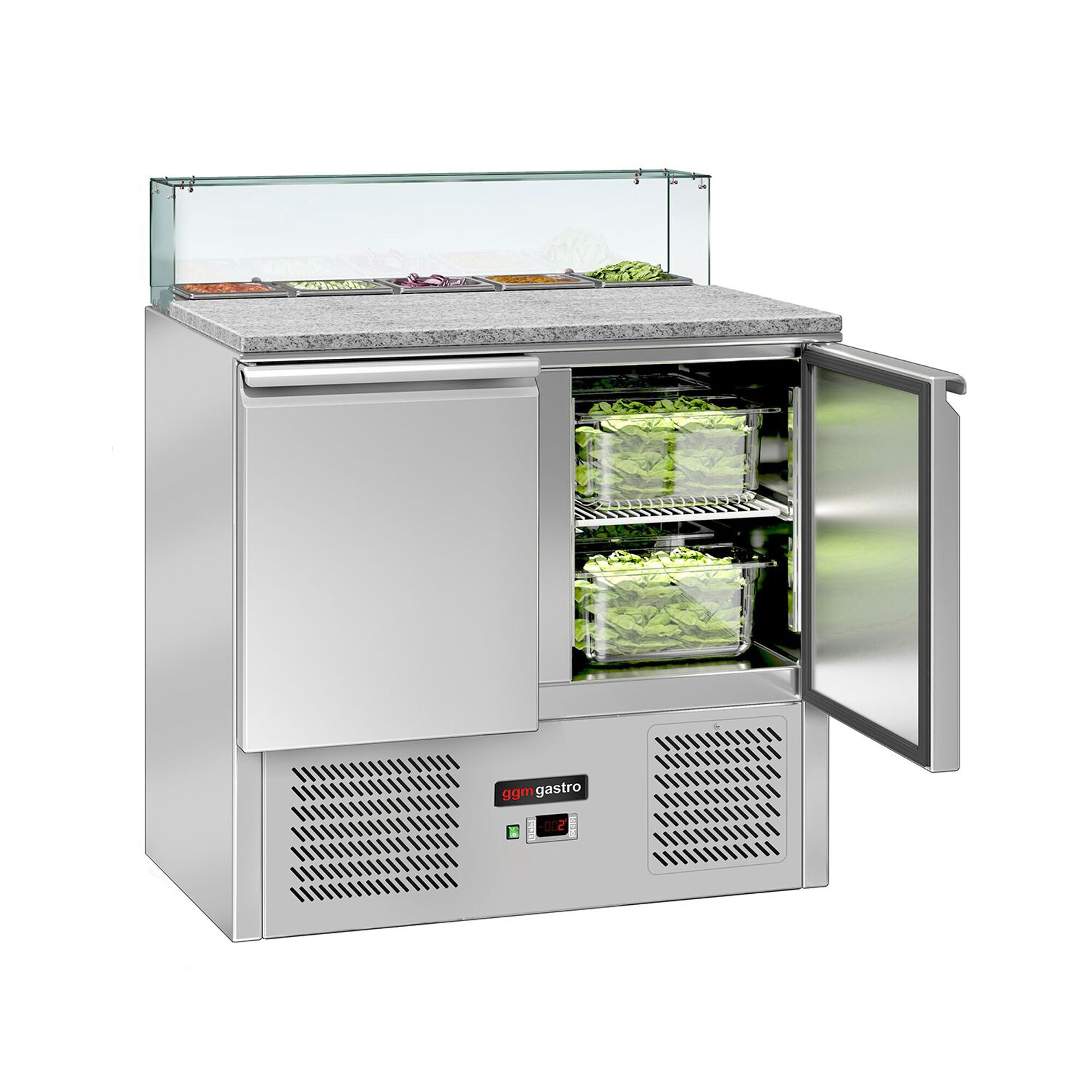 Saladette réfrigérée ECO - 900mm - 240L - 2 portes - avec vitrine de comptoir pour 5x GN 1/6