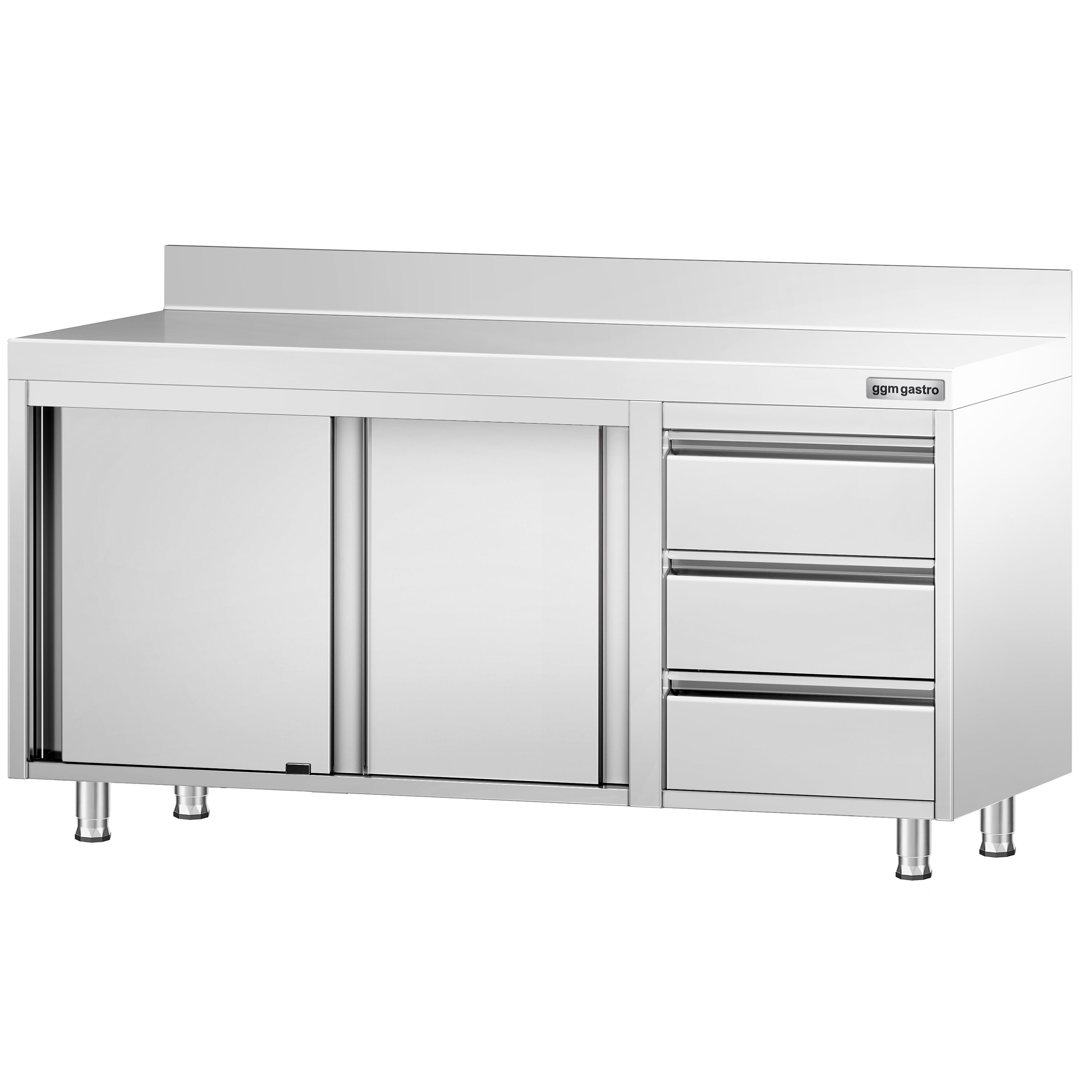 Table armoire en acier inoxydable PREMIUM - 1600x700mm - avec portes coulissantes et 3 tiroirs à droite - avec dosseret