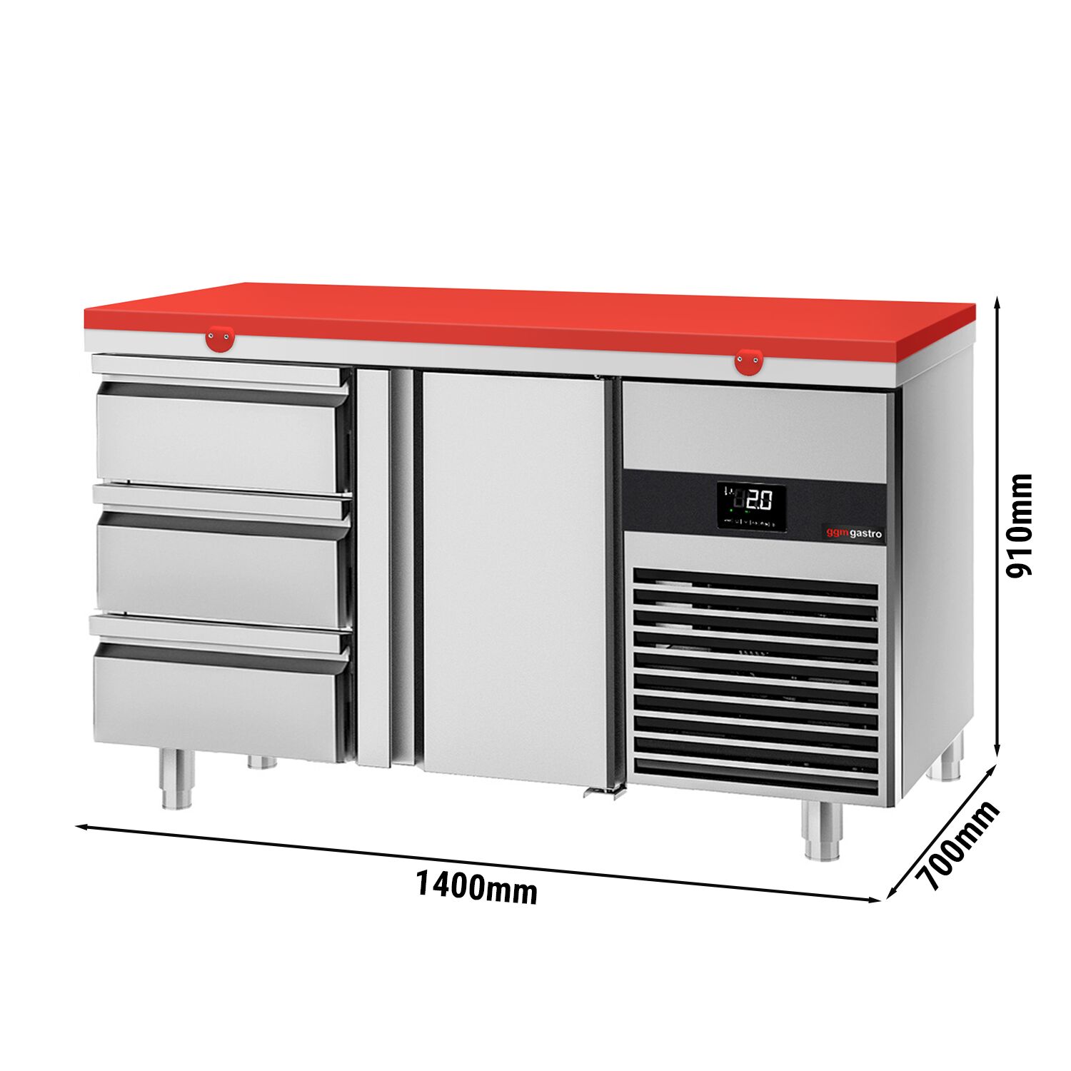 Table réfrigérée PREMIUM - 1400x700 mm - avec 1 porte - 3 tiroirs - incl. planche à découper rouge