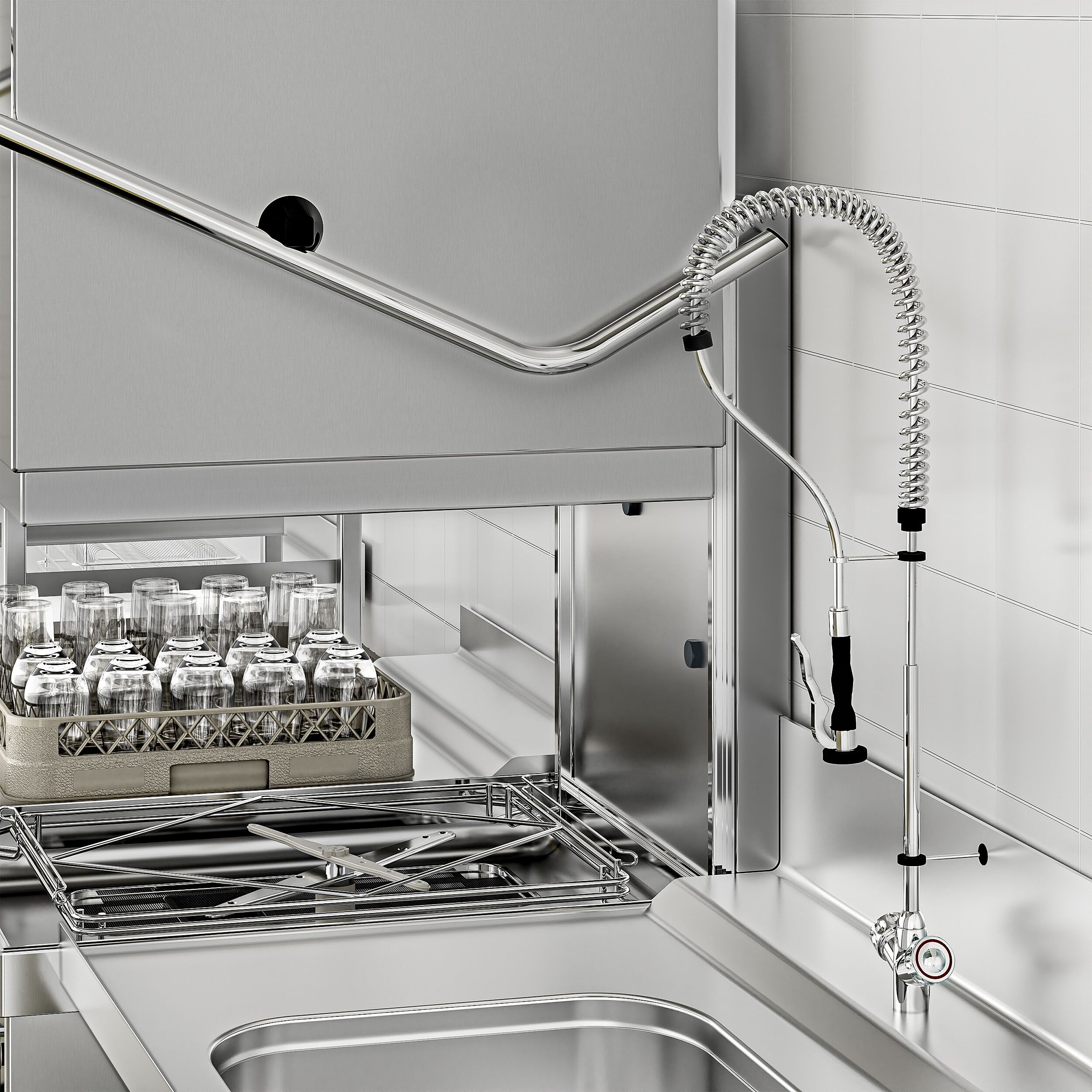 Lave-vaisselle à capot – Numérique – 7,1 kW – avec table d’entrée à droite, table de sortie à gauche et adoucisseur inclus – avec pompe de détergent, de rinçage et de vidange