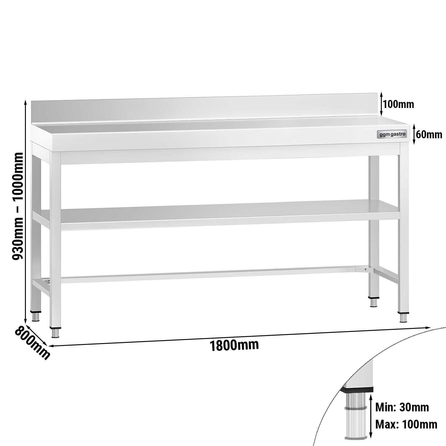 Table de travail inox PREMIUM - 1800 x 800 mm - avec tablette inférieure, Dosseret & Renforts