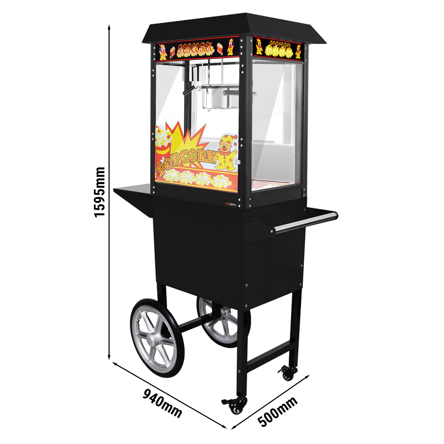 Machine à pop-corn professionnelle avec chariot - 1,46kW - 5kg/h - avec 1 marmite - Noir