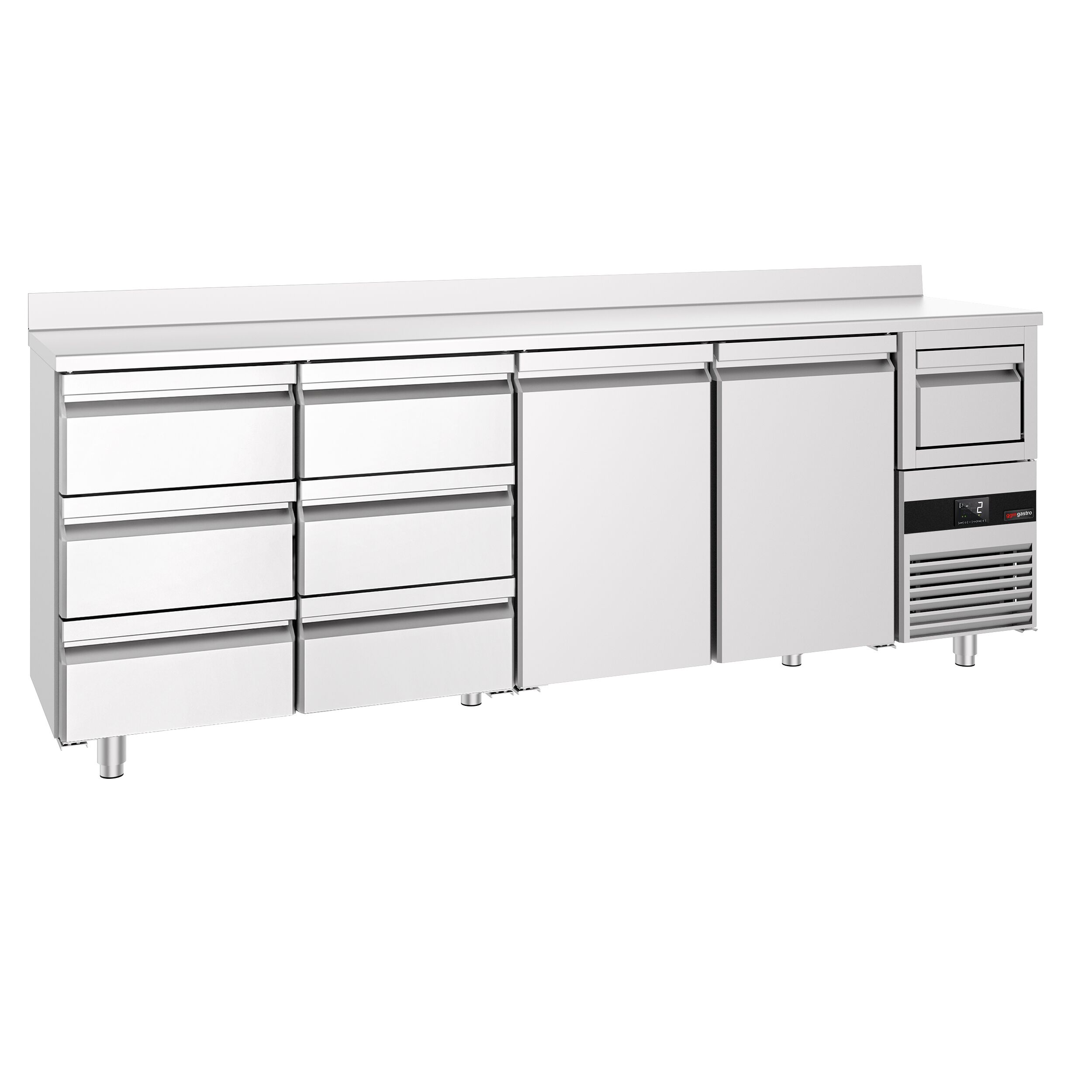 Arrière-bar réfrigéré professionnel PREMIUM - 2690 x 600 mm - avec 2 portes et 6 tiroirs - avec dosseret - avec tiroir à marc de café