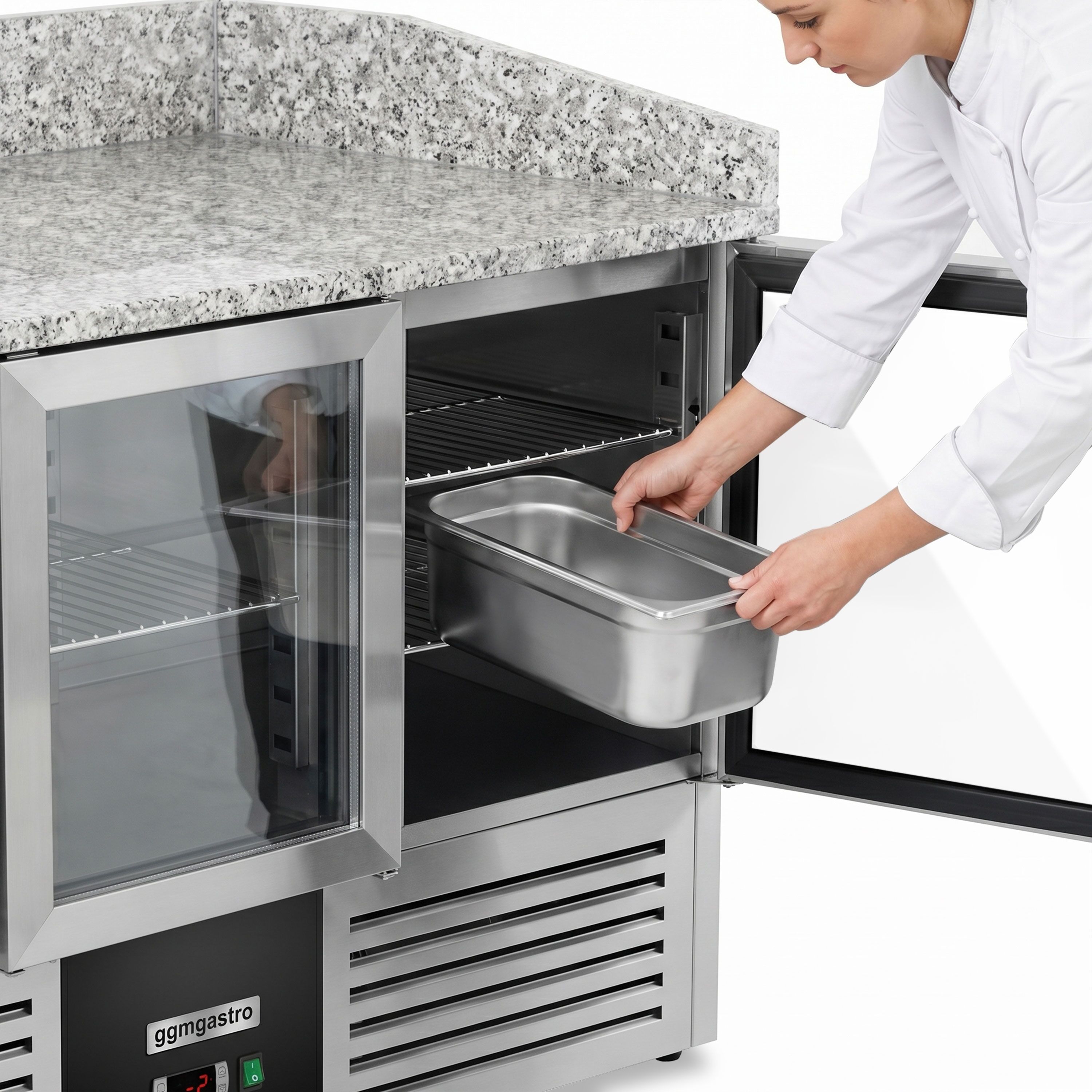 Banco pizza refrigerato ECO - 1400x700mm - con 3 porte in vetro - piano in granito