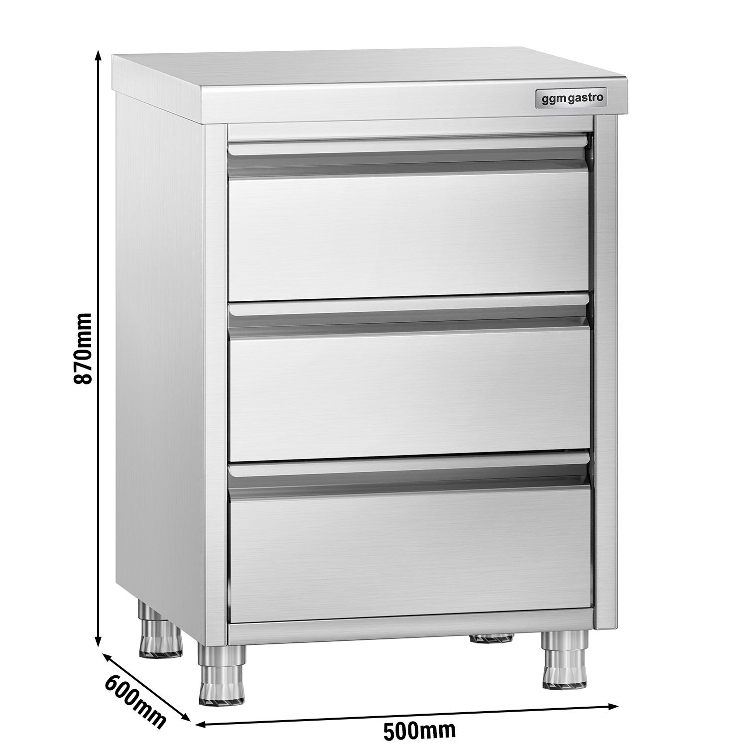 Meuble bas à tiroirs PREMIUM - Acier inoxydable - avec 3 tiroirs - 500x600mm