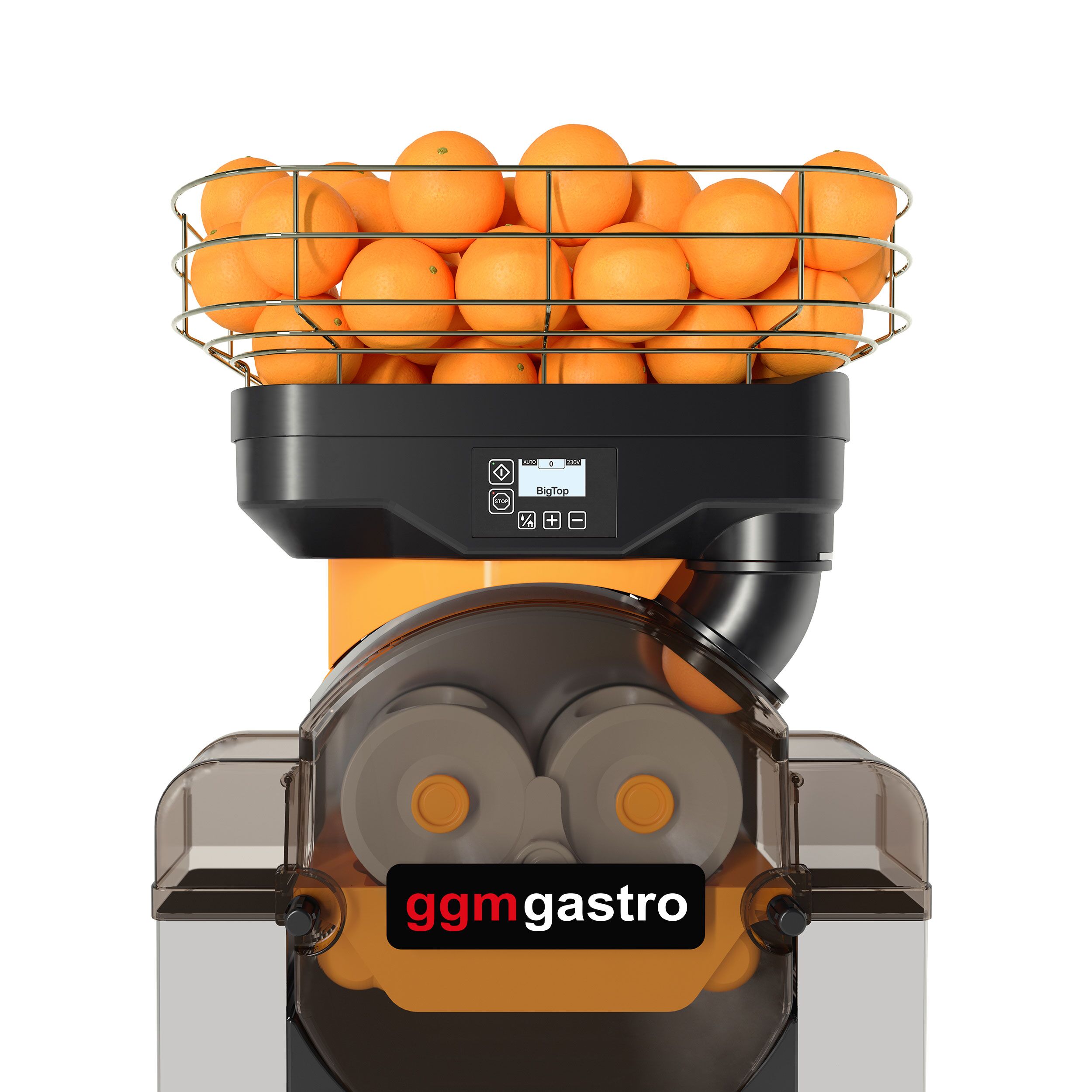 Automatic Orange Juicer - 550W - 55.5kg - with automatic feed, Push & Juice button, cleaning mode, digital control, fruit counter, peel collection, no rind crushing, 28 oranges/min, 75–90mm orange size range - Orange