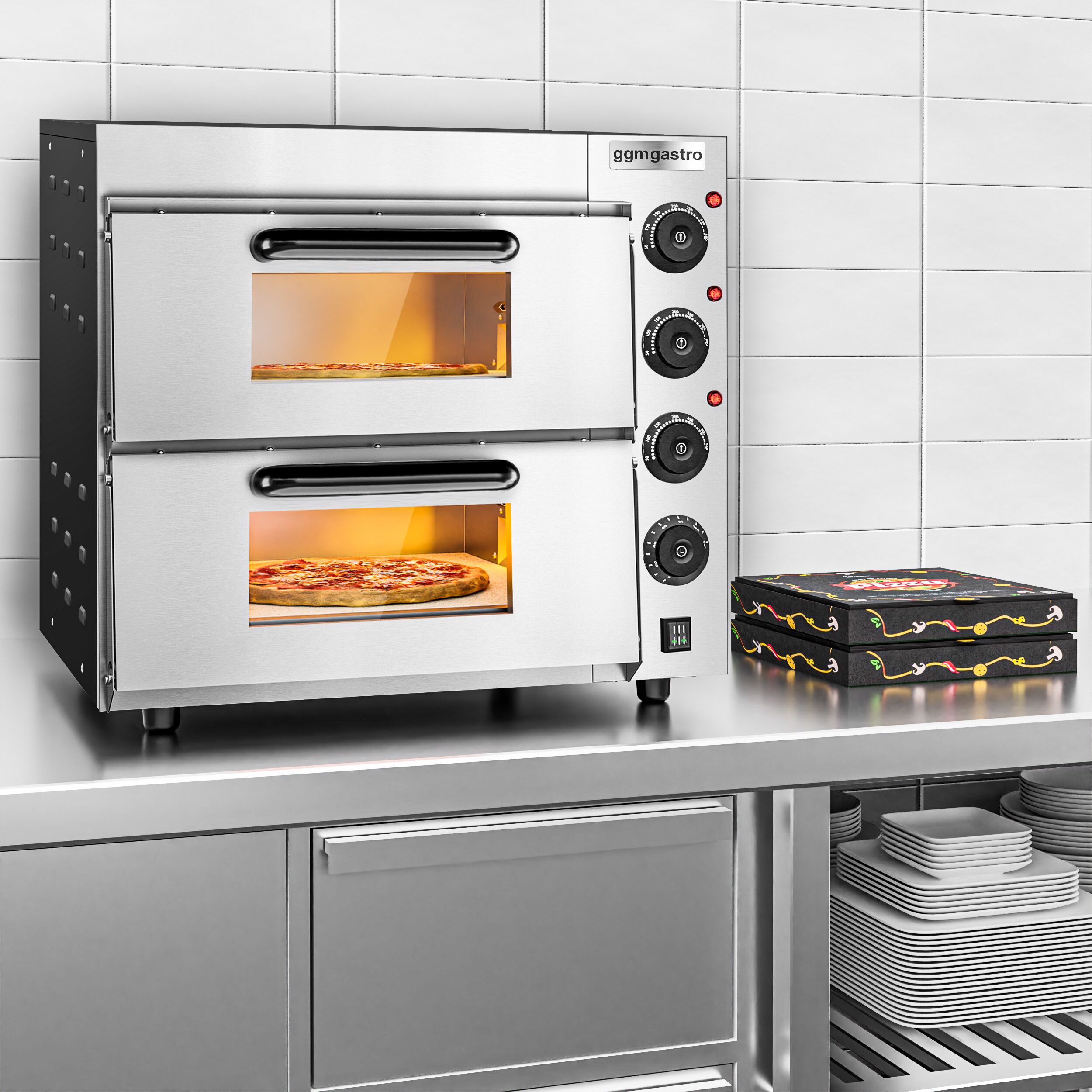 Electric Deck Pizza Oven - Twin Deck - Refractory Stone Deck - 4+4 - Ø 20cm (7.9") - 230V Single Phase - Mechanical Controls - up to 350°C