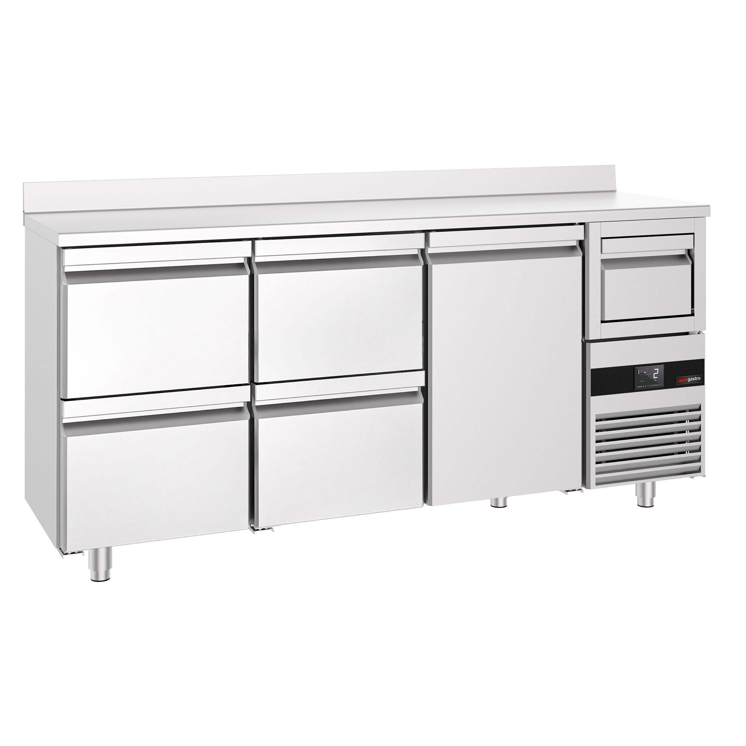 Arrière-bar réfrigéré professionnel  PREMIUM - 2130 x 600 mm - avec 1 porte et 4 tiroirs - avec dosseret - avec tiroir à marc de café