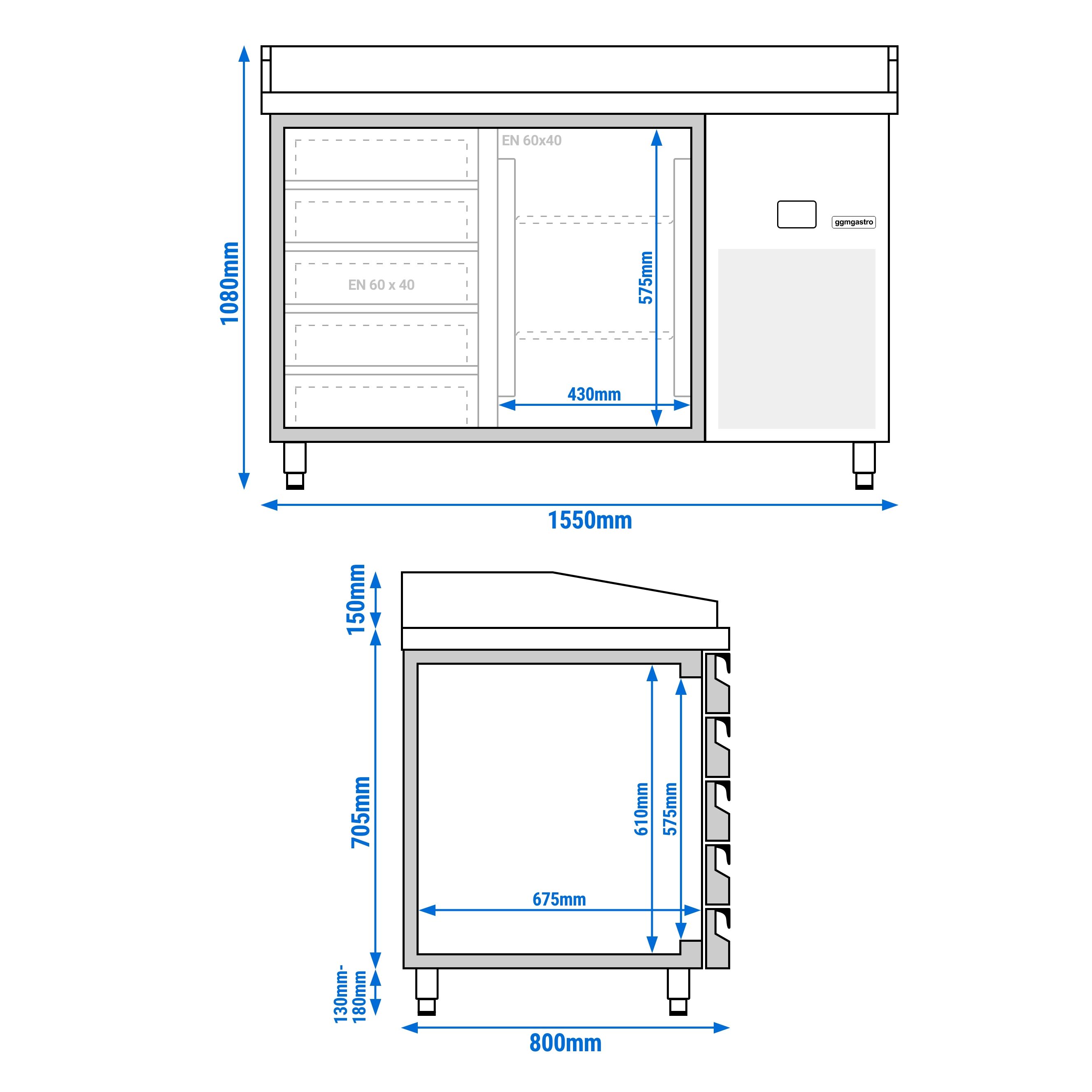 Table réfrigérée pour pizza PREMIUM - 1550 x 800 mm - avec 1 porte & 5 tiroirs