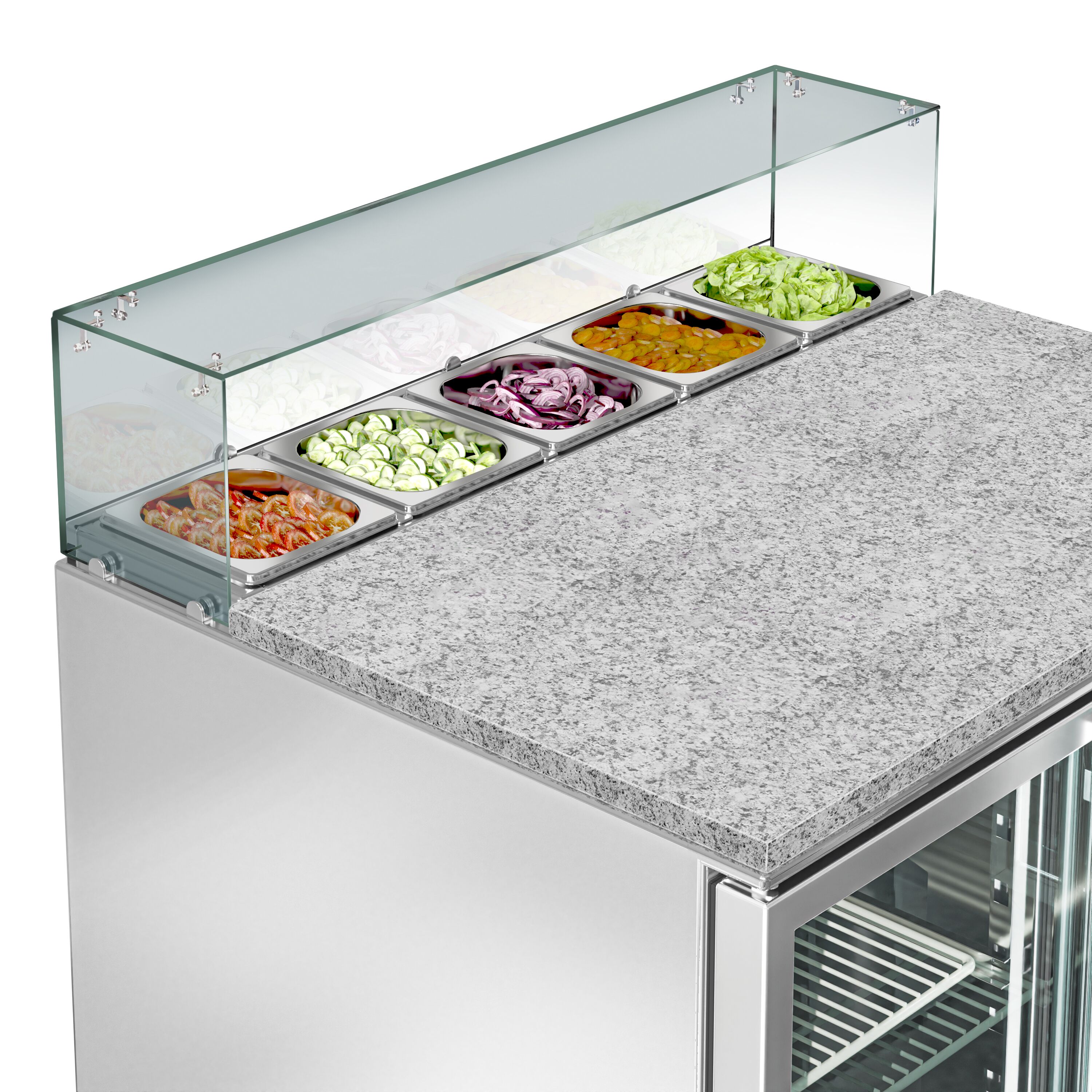 Saladette réfrigérée PREMIUM - 900mm - 240L - 2 portes vitrées - avec vitrine de comptoir pour 5x GN 1/6 - Pour FR