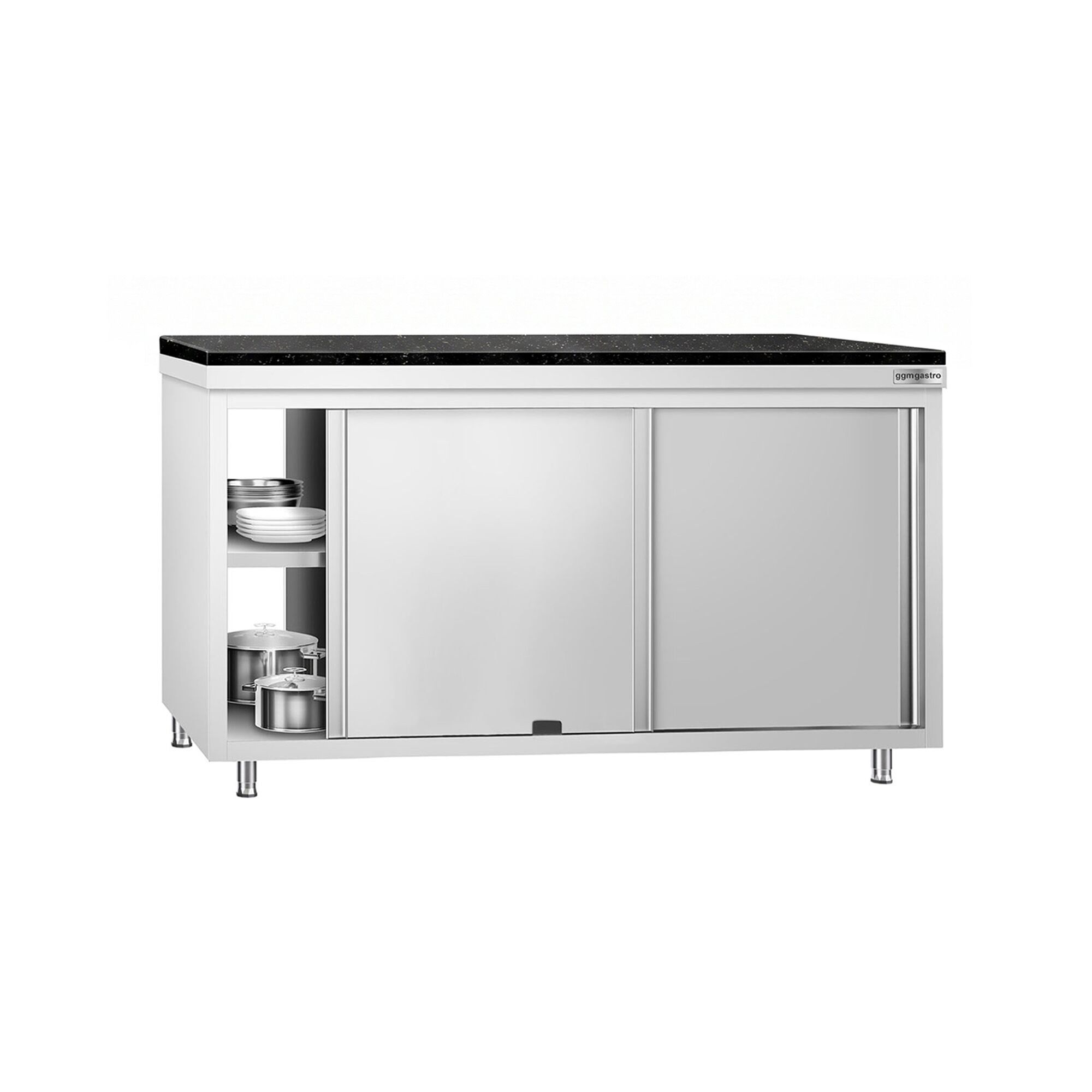 Roestvrijstalen werkkast PREMIUM - 1600 x 600 mm - met doorgeefluik - incl. granieten werkblad