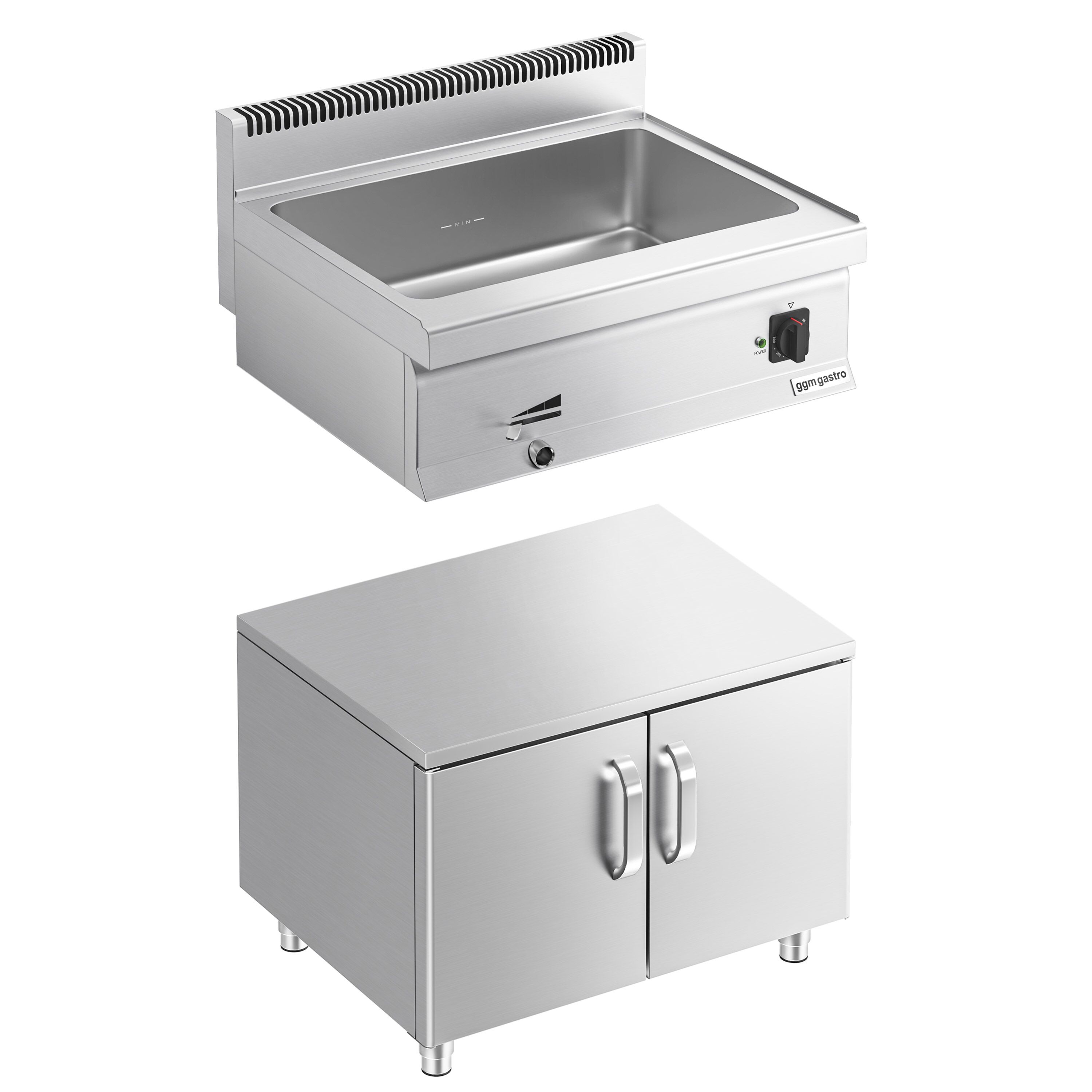 Bain-marie électrique – 2,4 kW – 2 × GN 1/1 ou 4 × GN 1/2 – avec soubassement incluant 2 portes