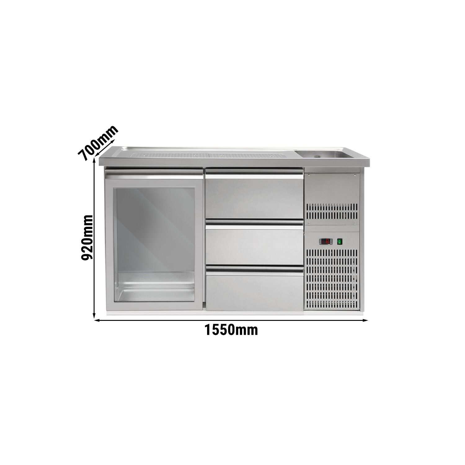 Comptoir de bar réfrigéré Premium PLUS – 1550 × 700 mm – 1 porte vitrée & 3 tiroirs