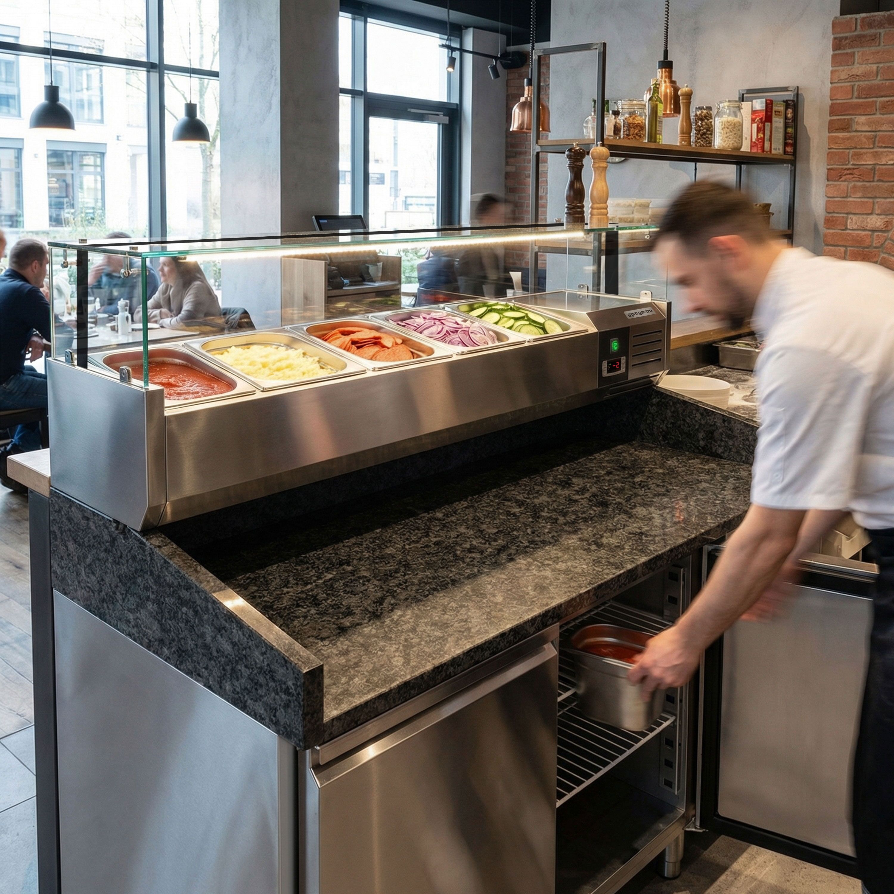 Table réfrigérée à pizza PREMIUM - 1500x800 mm - avec 2 portes - incl. vitrine réfrigérée LED - 5x GN 1/3 + 1x GN 1/2