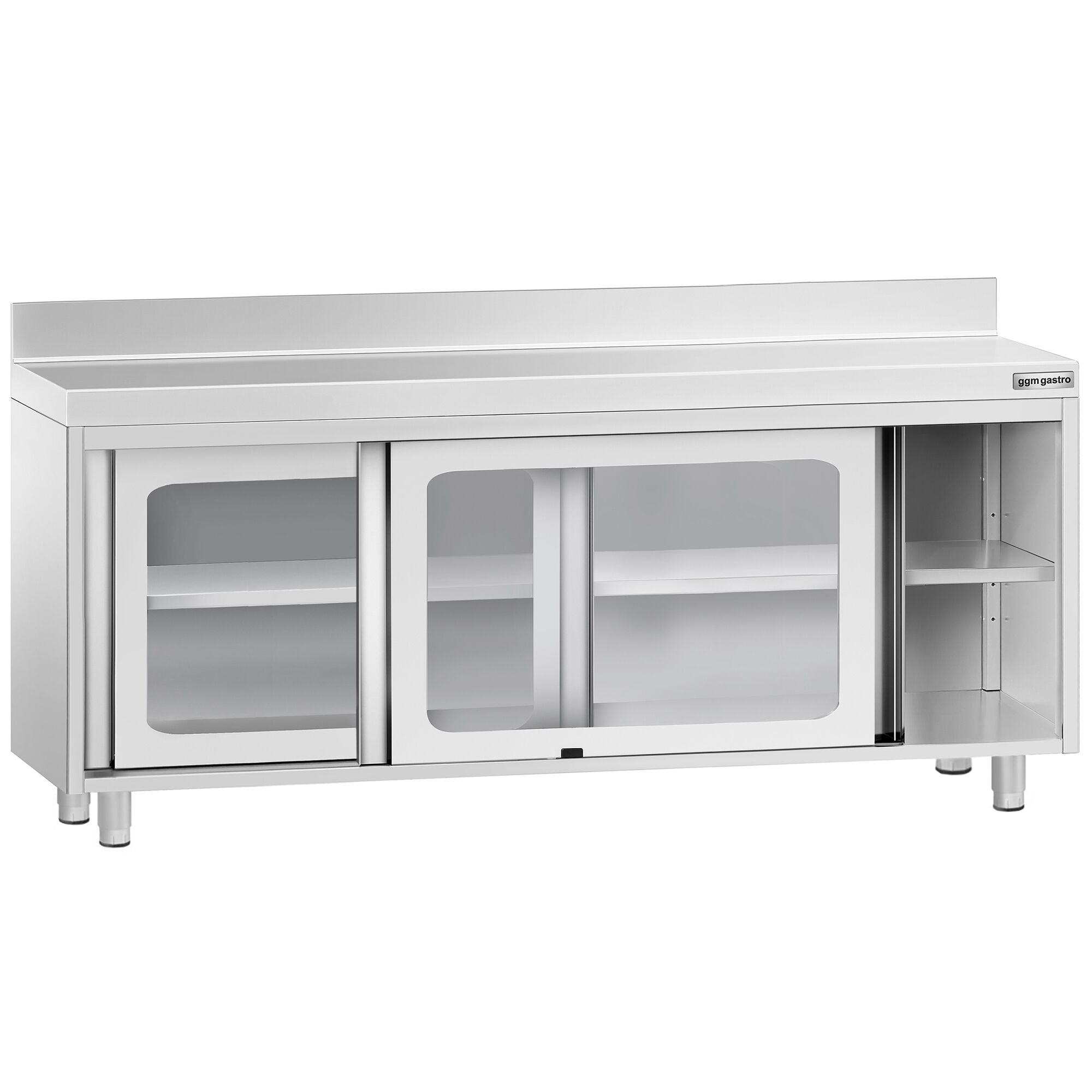 Table armoire en acier inoxydable PREMIUM - 2000x600mm - avec portes coulissantes vitrées - avec dosseret