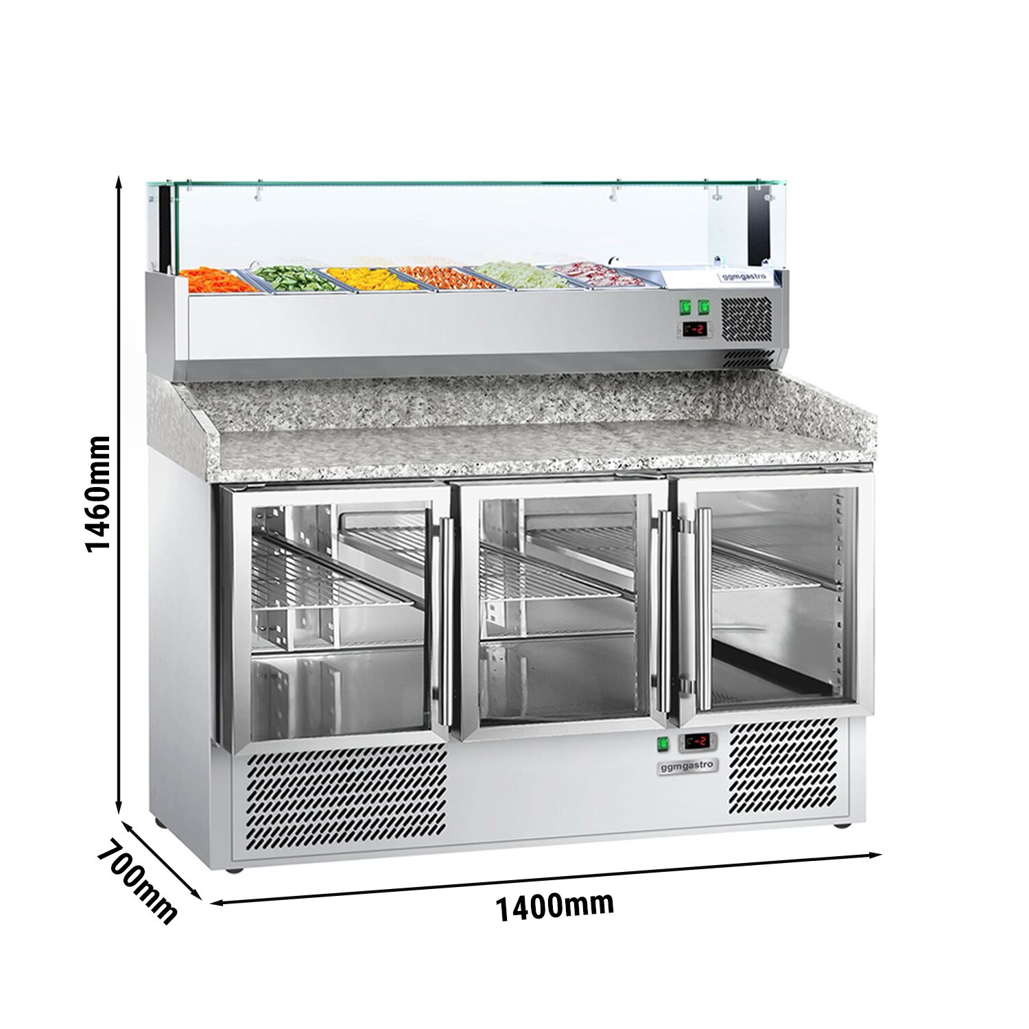Table réfrigérée à pizza PREMIUM - 1400x700 mm - 3 portes vitrées - incl. vitrine réfrigérée - 6x GN 1/4