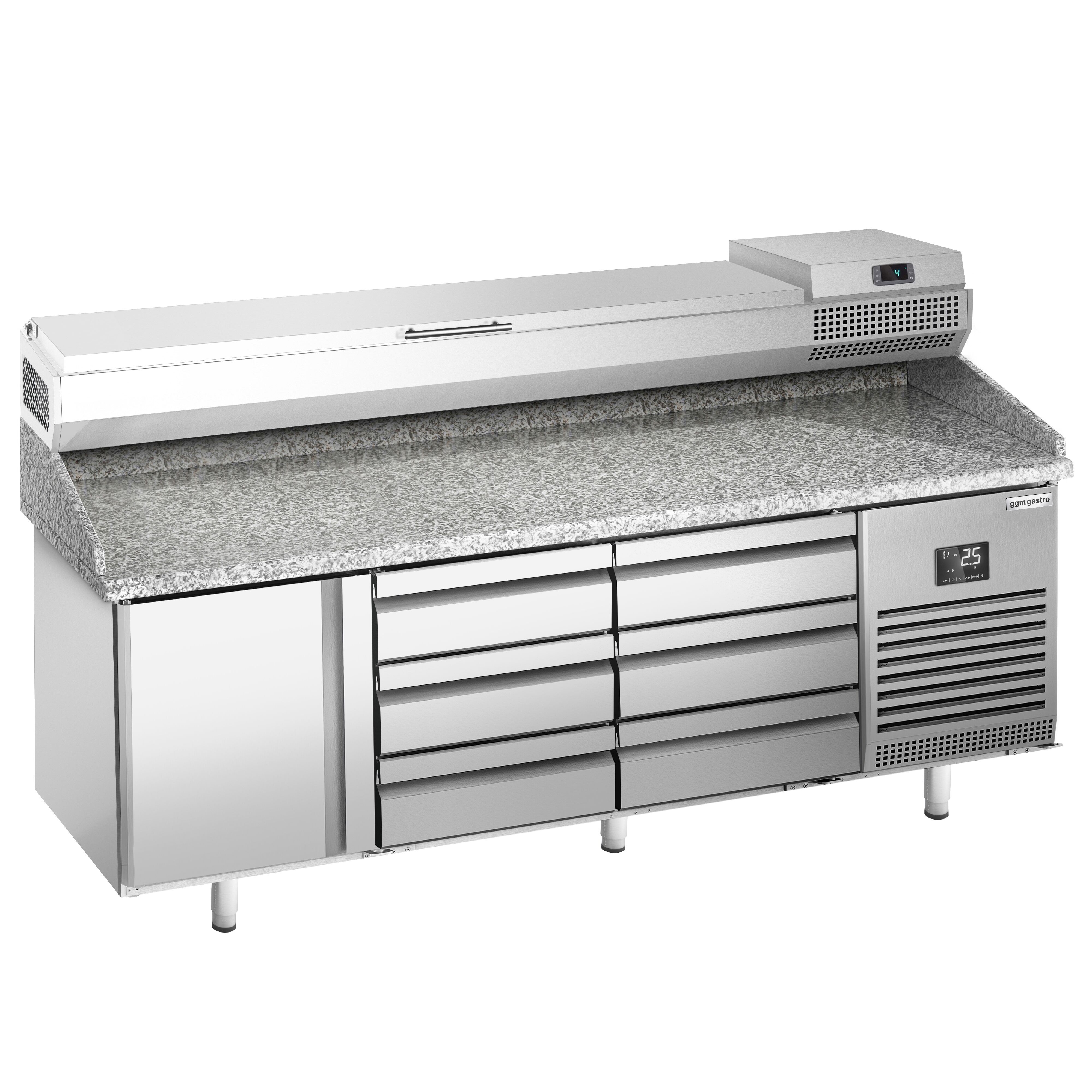 Table réfrigérée à pizza Premium PLUS - 1980x700 mm - avec 1 porte & 6 tiroirs - incl. vitrine réfrigérée - 9x GN 1/4