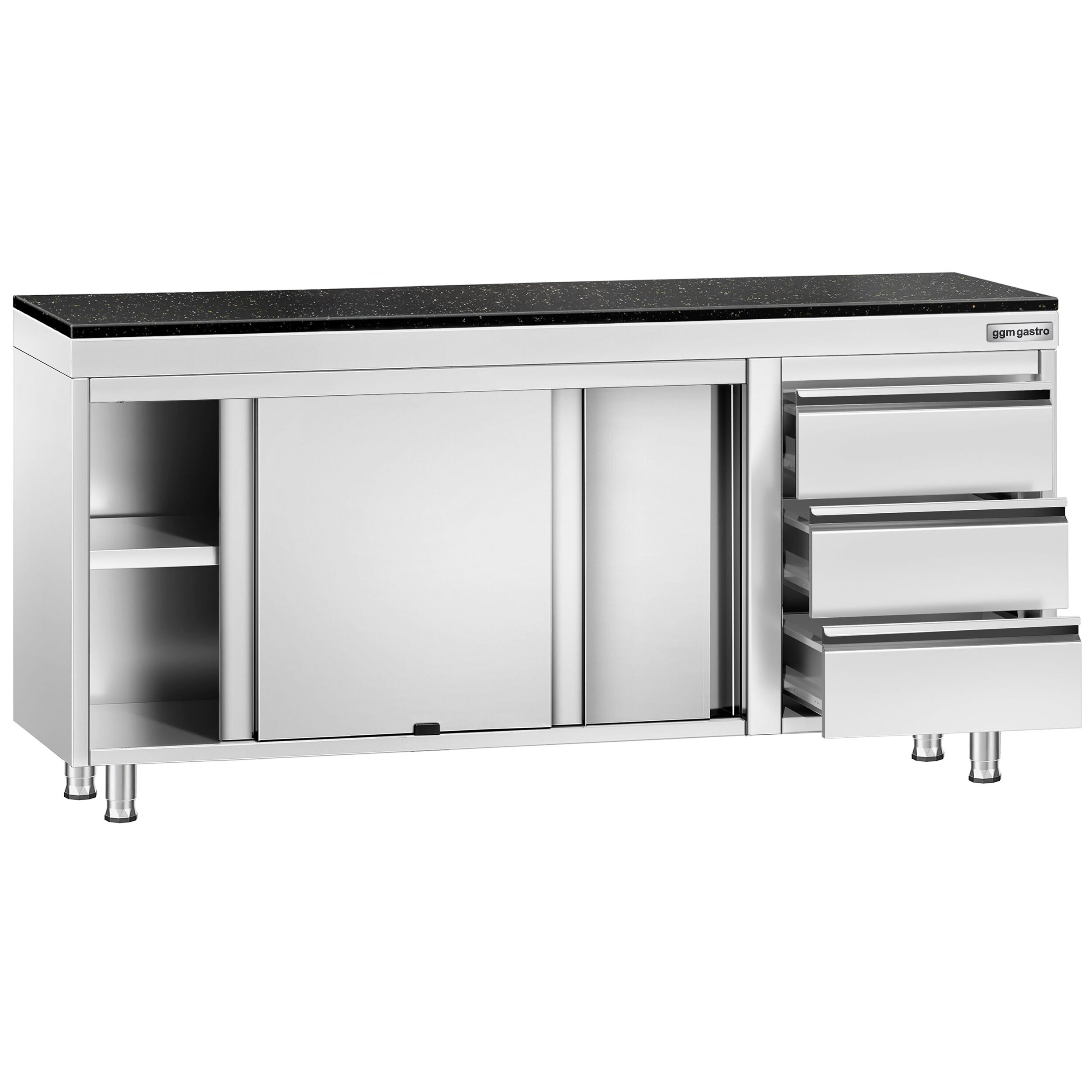 Roestvrijstalen werkkast PREMIUM - 1800 x 700 mm - met 3 lades rechts - incl. granieten werkblad