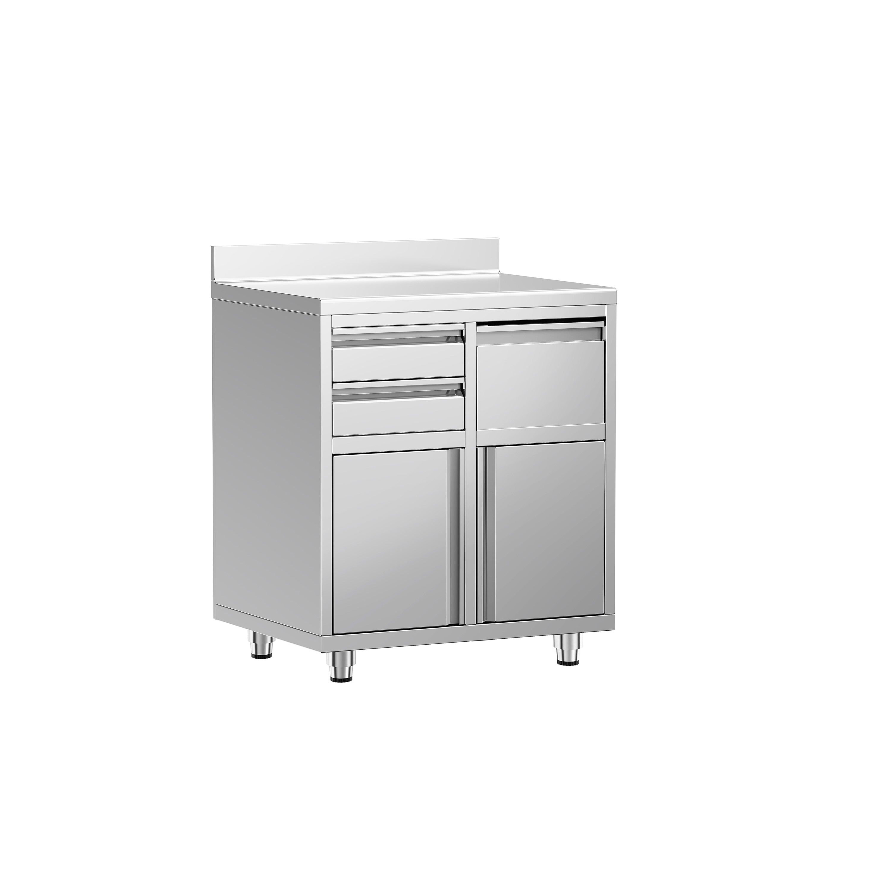 Table armoire en acier inoxydable - 800x600mm - avec portes battantes et 2 tiroirs - avec dosseret - pour cafetière à filtre