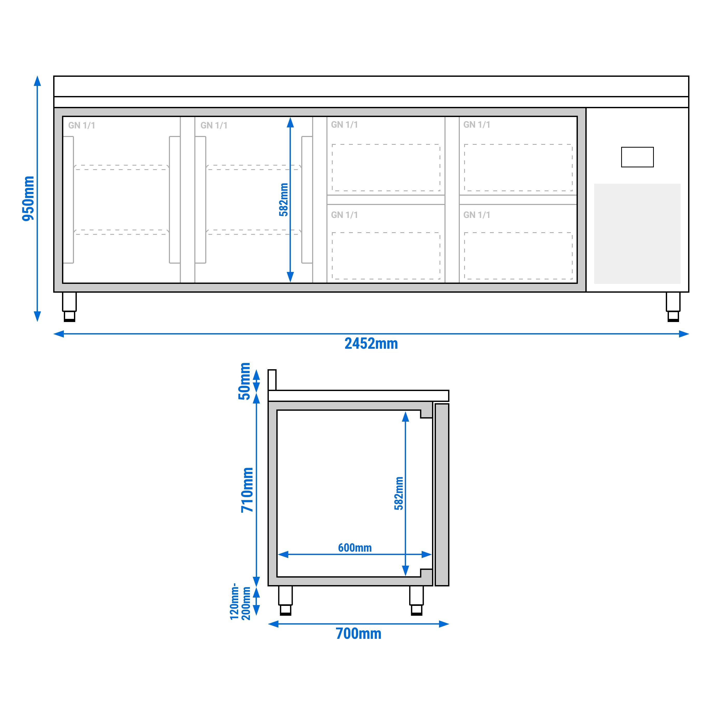 Table réfrigérée Premium PLUS - 2452 x 700 mm - avec 2 portes - 4 tiroirs - avec dosseret