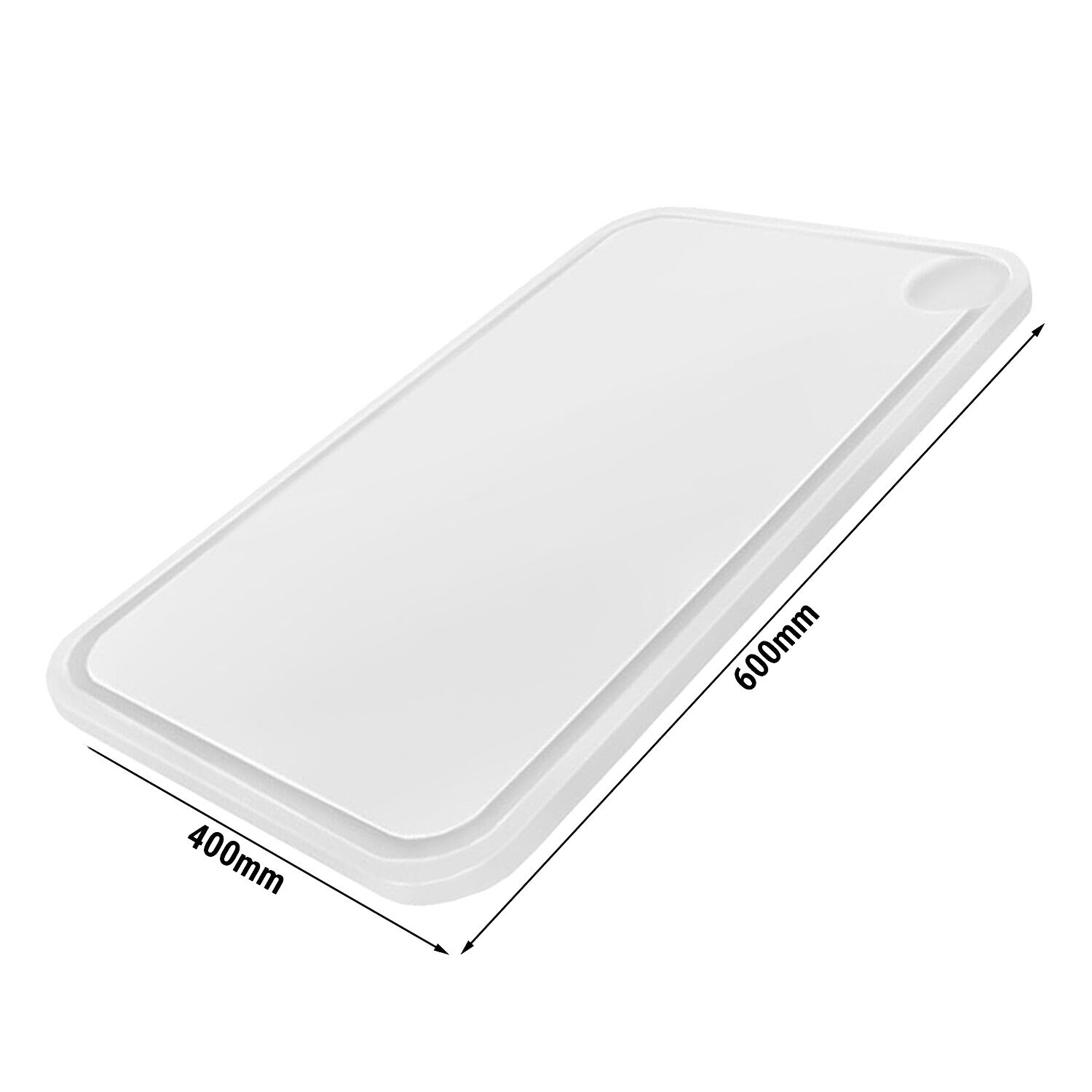 Planche à découper avec rigole à jus - 600x400mm - Épaisseur: 20mm - Conforme HACCP - Polyéthylène - Blanc
