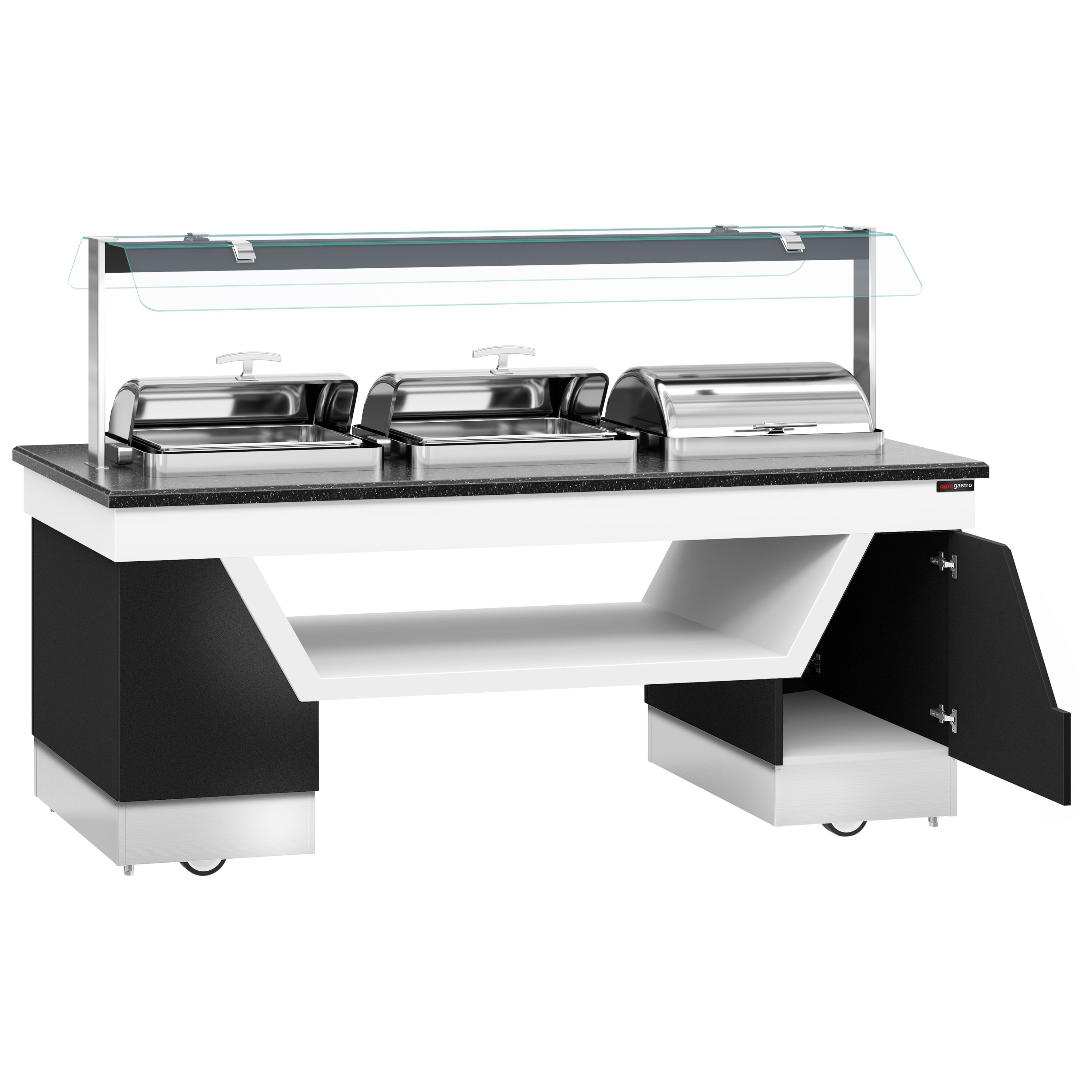 Heated Servery Counter BELFAST - 2300mm - with Hot Plate + Flat Glass Sneeze Guard - on Castors - for 3 Chafing Dishes - Black