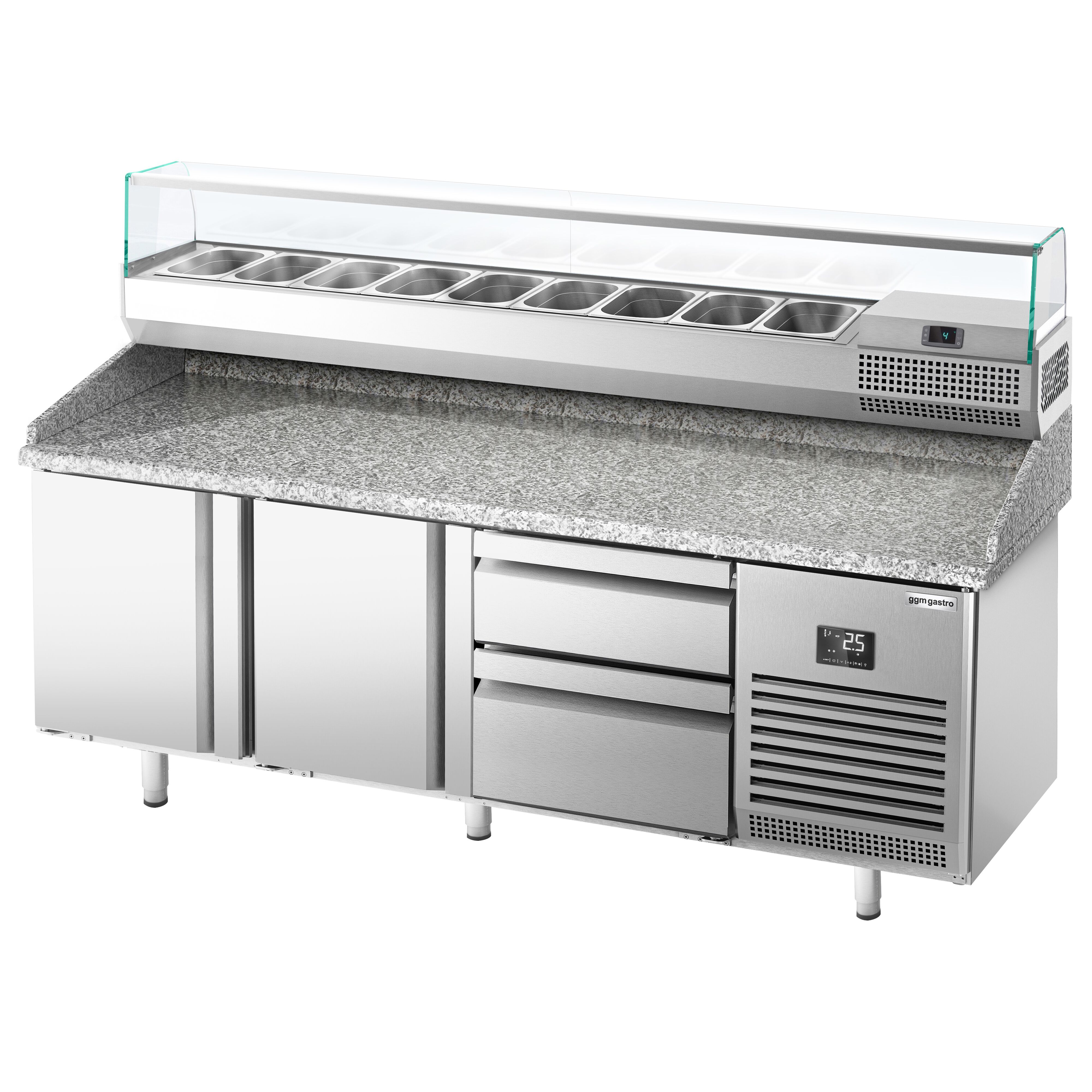 Table réfrigérée à pizza Premium PLUS - 1980x700 mm - avec 2 portes & 2 tiroirs - incl. vitrine réfrigérée - 9x GN 1/4