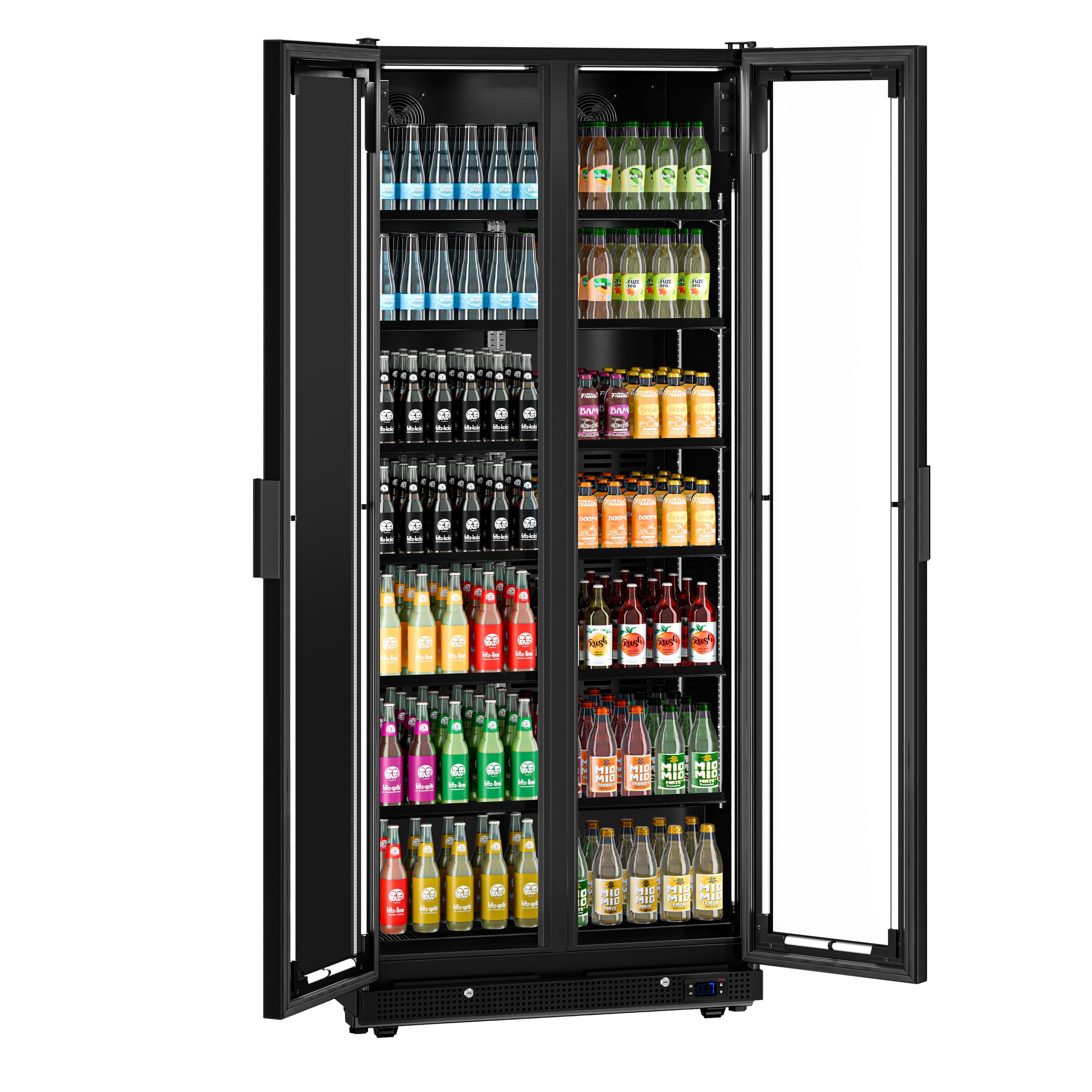 Commercial Beverage Display Fridge - 900mm - 573 Litres - with 2 hinged glass doors - LED lighting - digital controller with temperature display - Black - Temperature range 0 to 7 °C